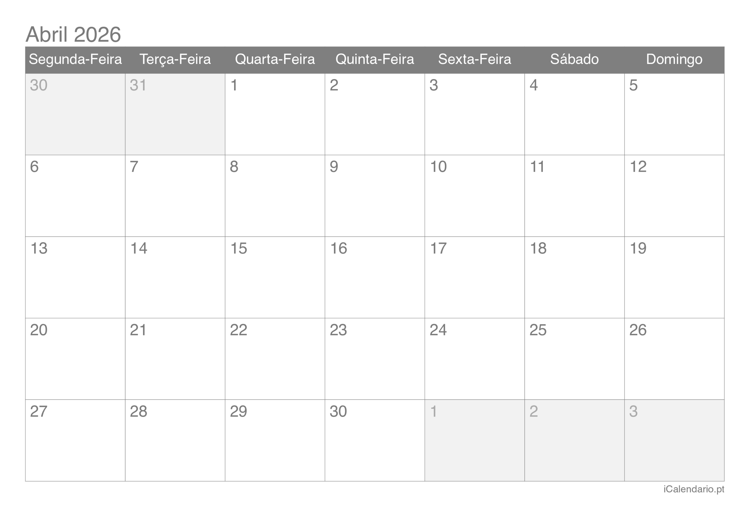 Calendário Abril De 2026 Para Imprimir | Calendario abril e maio 2026