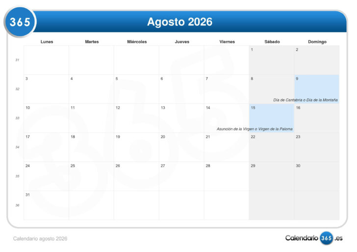 Calendario agosto 2026 com feriados Calendario agosto 2026 com feriados