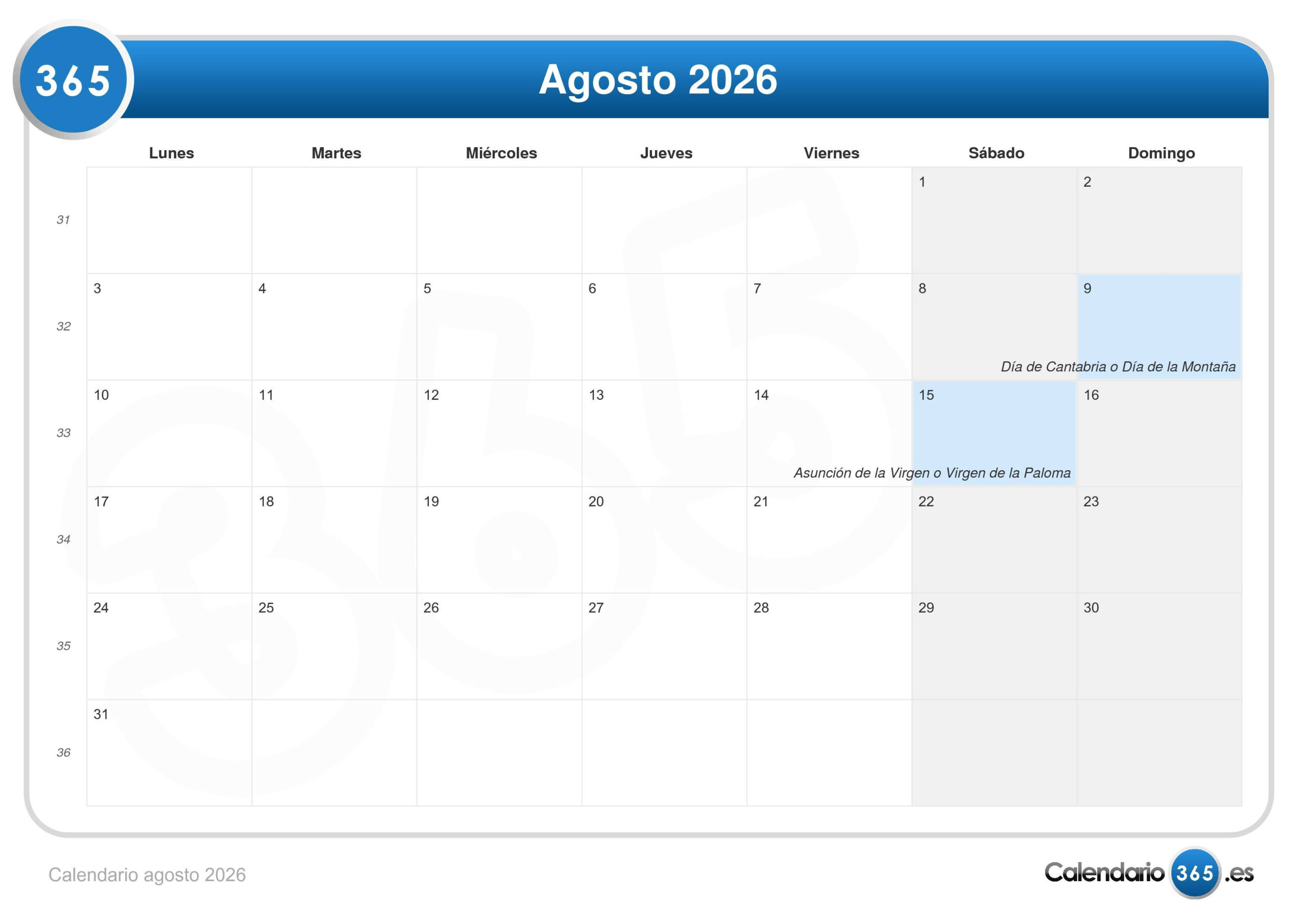 Calendario Agosto 2026 | Calendario Agosto 2026 Com Feriados