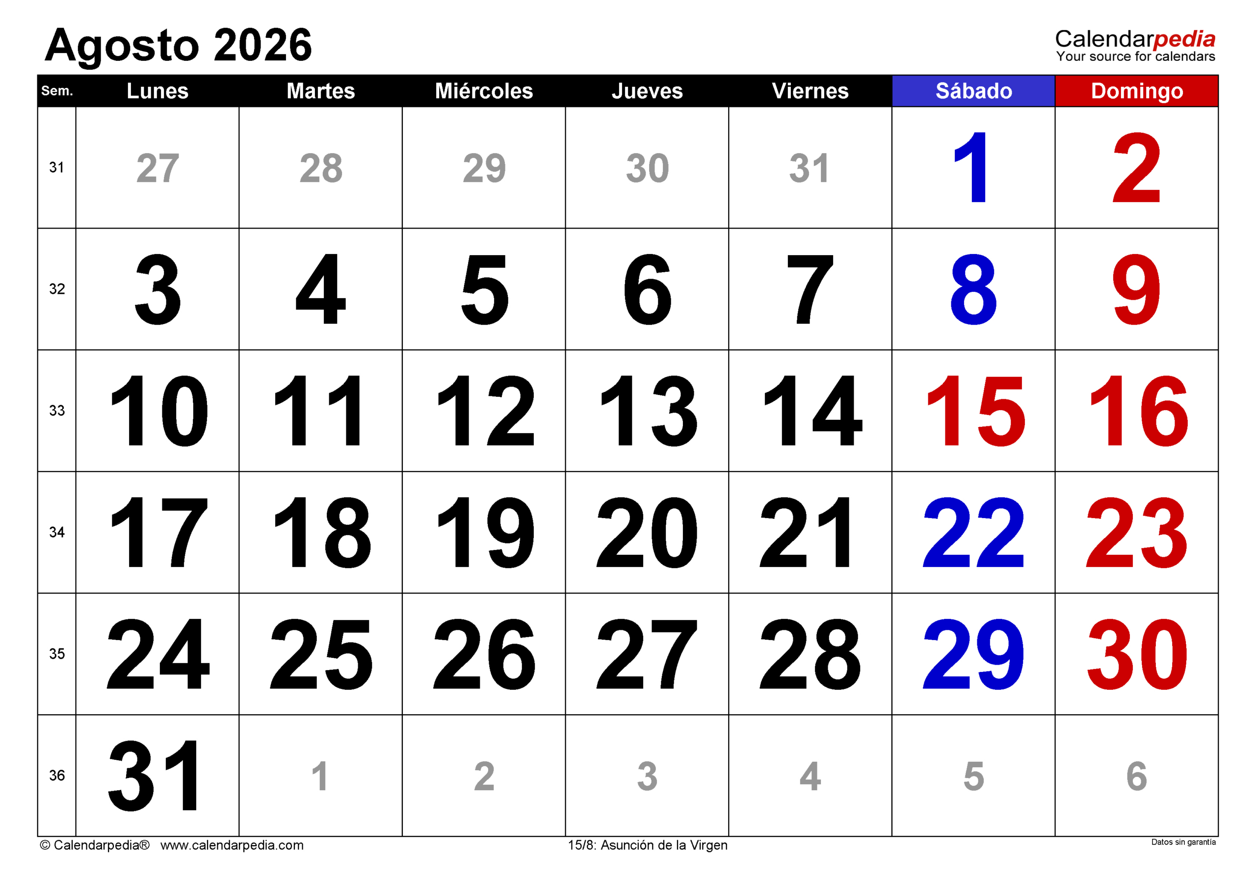 Calendario Agosto 2026 En Pdf, Excel Y Word | Calendarpedia | Agosto De 2026 Calendario