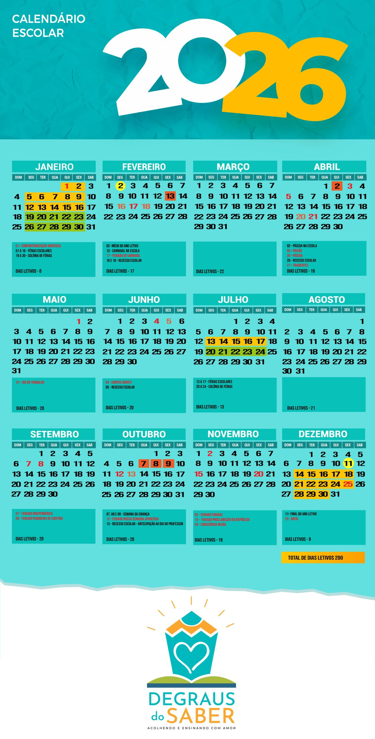 Calendário - Cei Degraus Do Saber | Calendario Escolar 2026 Curitiba