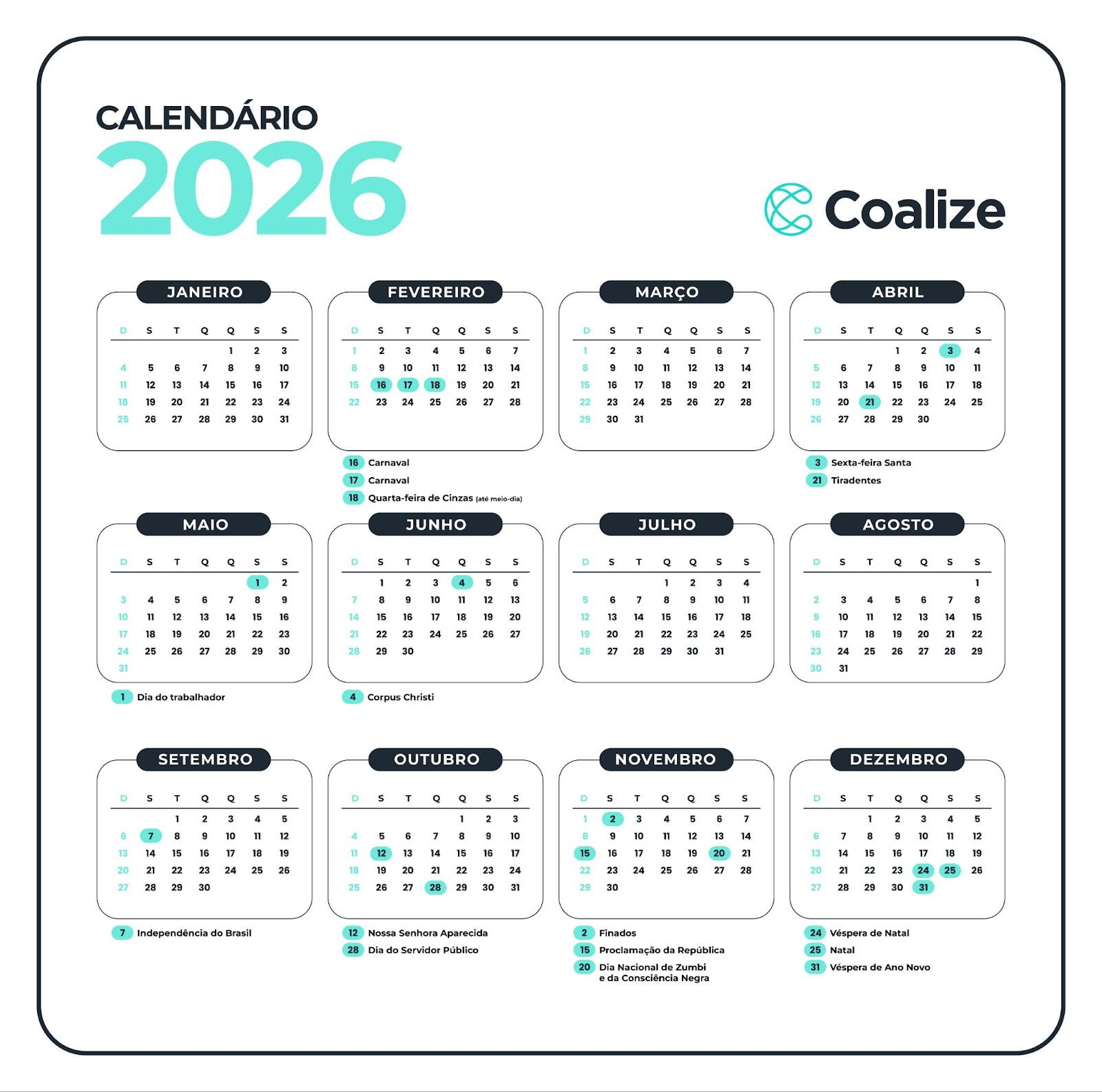 Calendário De Feriados E Pontos Facultativos + Infos [2026] | Blog | Calendario 2026 Com Feriados Df