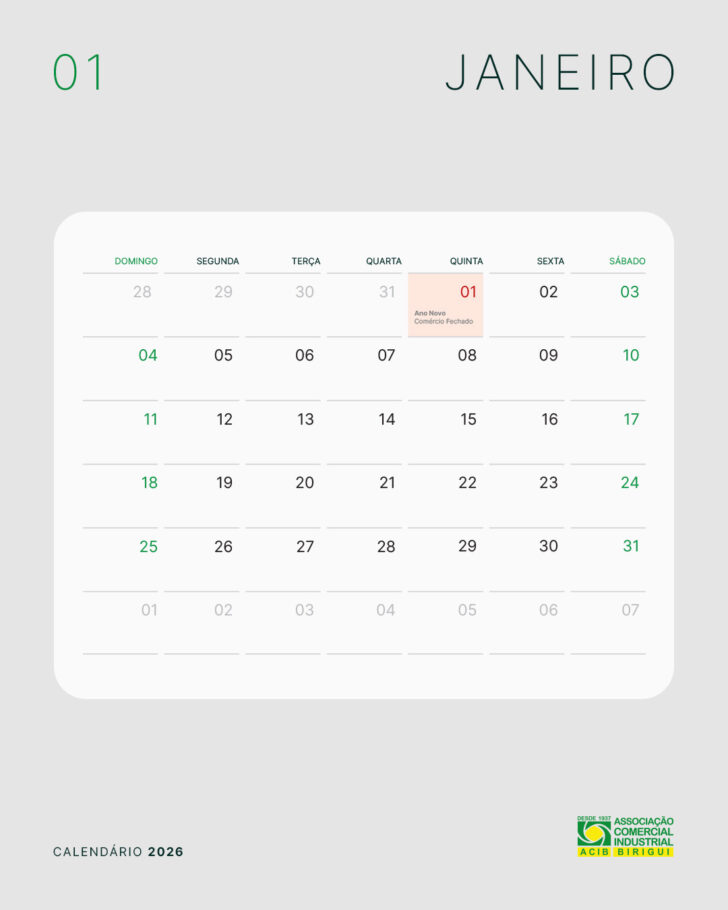 Calendario janeiro 2026 Brasil