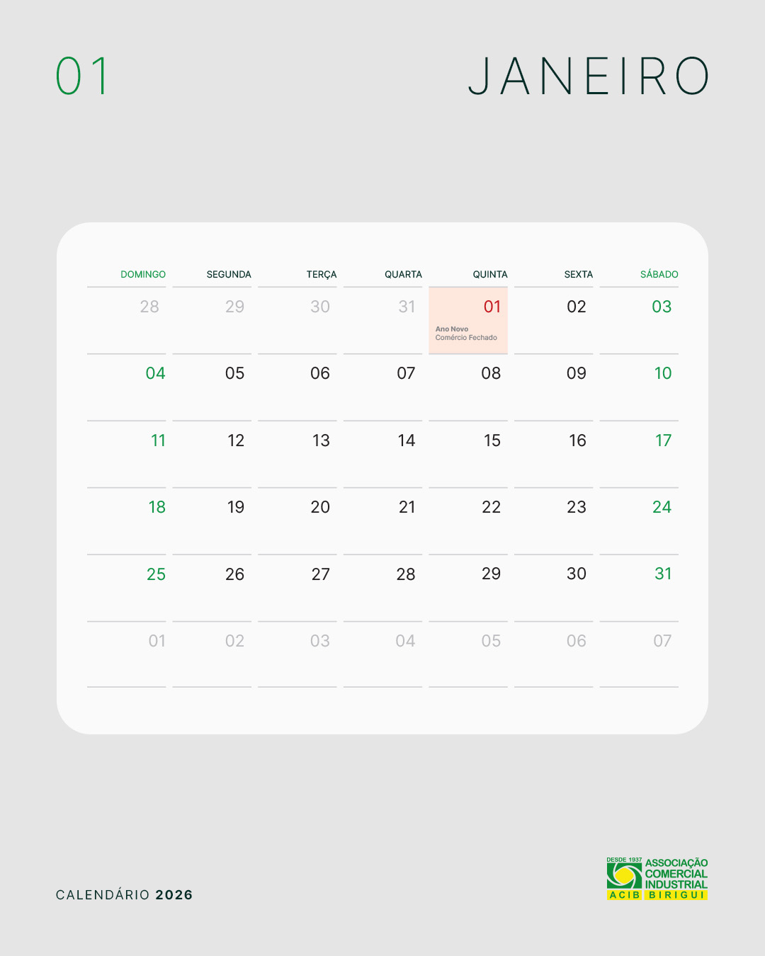 Calendário De Janeiro 2026! - Associação Comercial E Industrial De | Calendario Janeiro 2026 Brasil