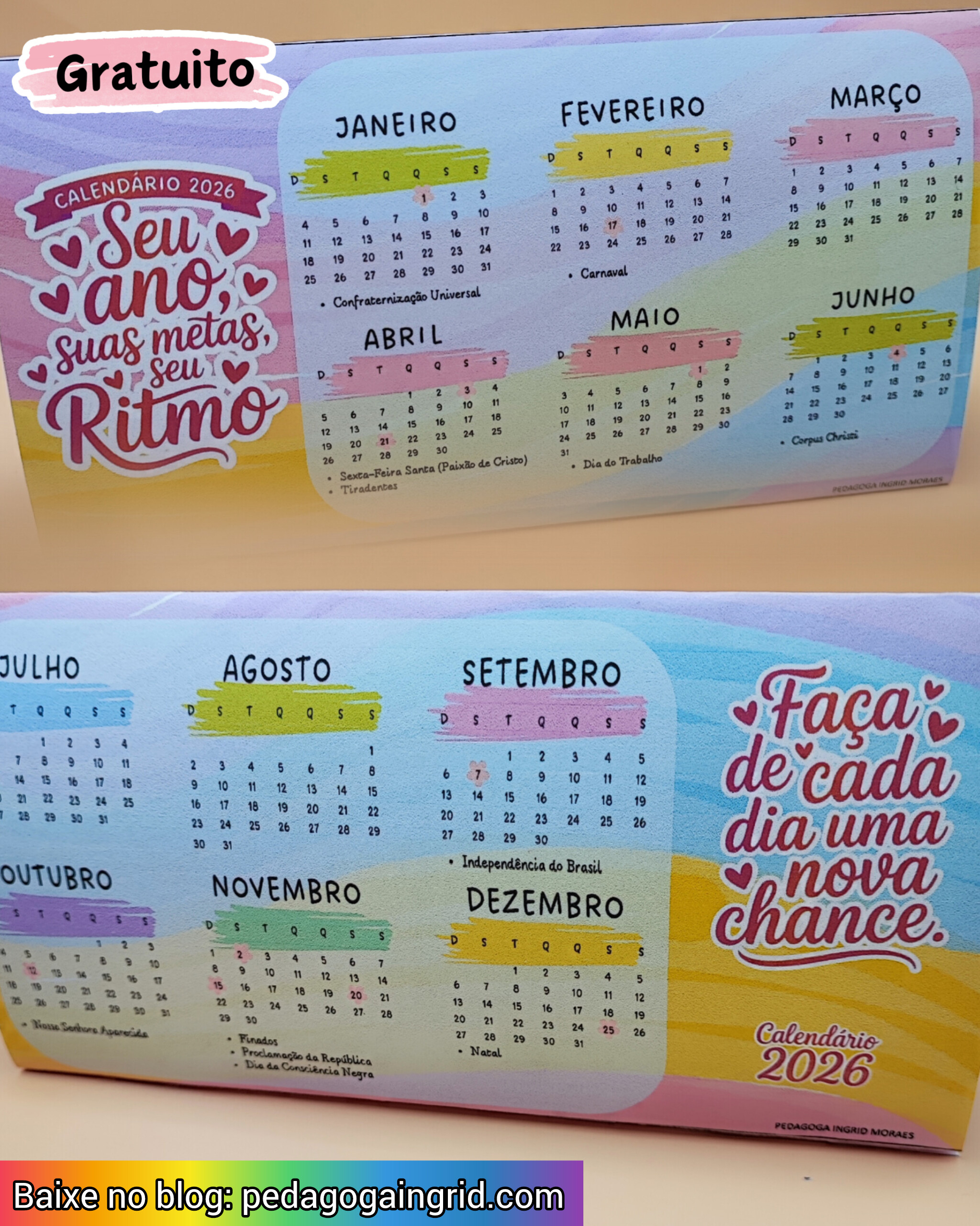Calendário De Mesa 2026: Seu Ano, Suas Metas, Seu Ritmo 💛✨ | Calendario de mesa 2026 para imprimir