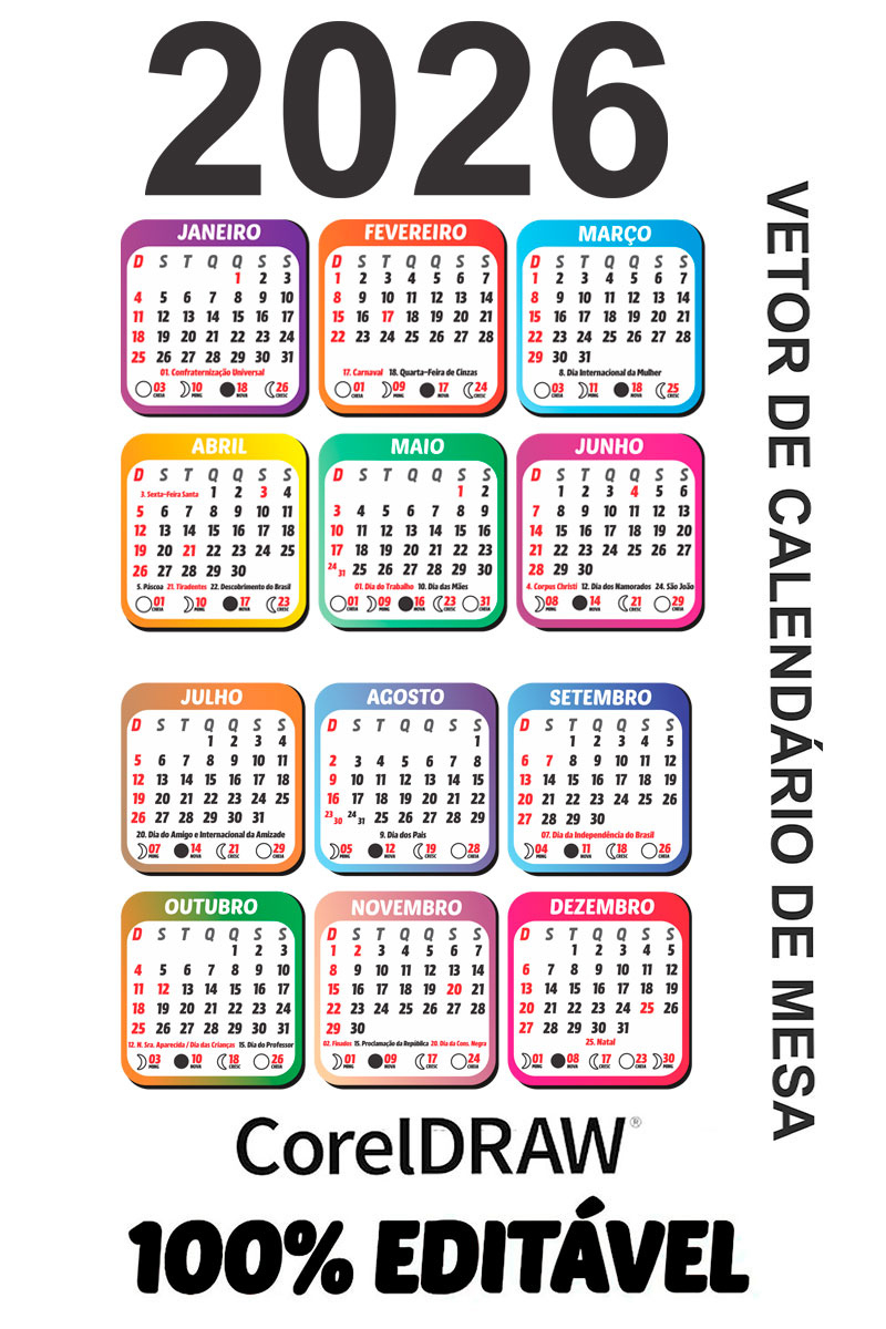 Calendário De Mesa 2026 Vetor Arquivo Digital Em Cdr - Calendáriolegal | Calendario De Mesa 2026 Para Imprimir