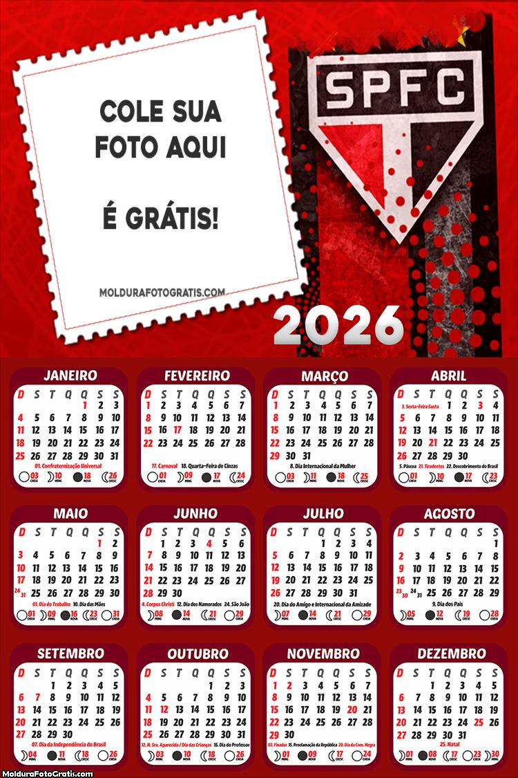 Calendário Do São Paulo Time 2026 | Foto Molduras | Calendario São Paulo 2026