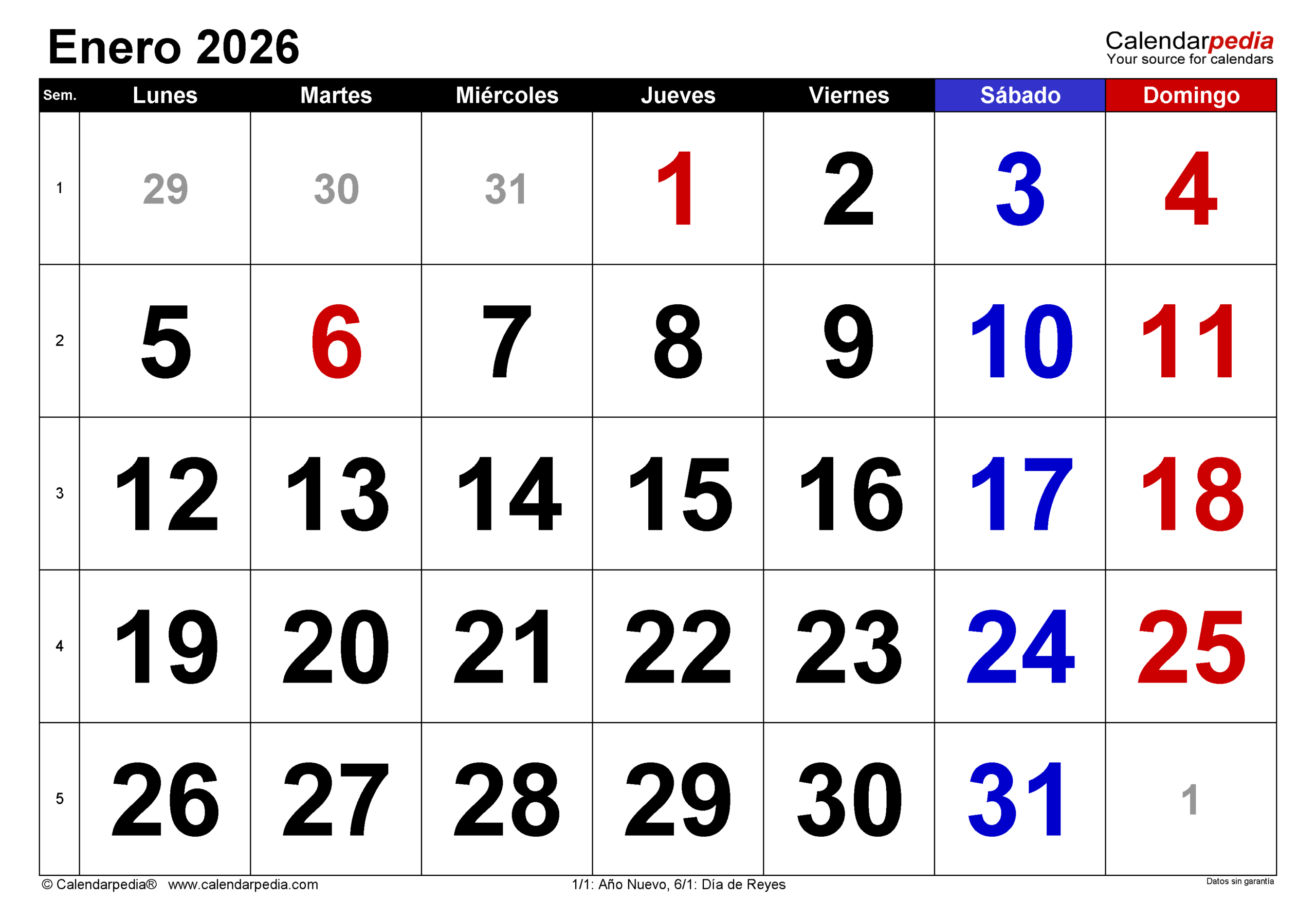 Calendario Enero 2026 En Pdf, Excel Y Word | Calendarpedia | Calendario 2026 mes a mes
