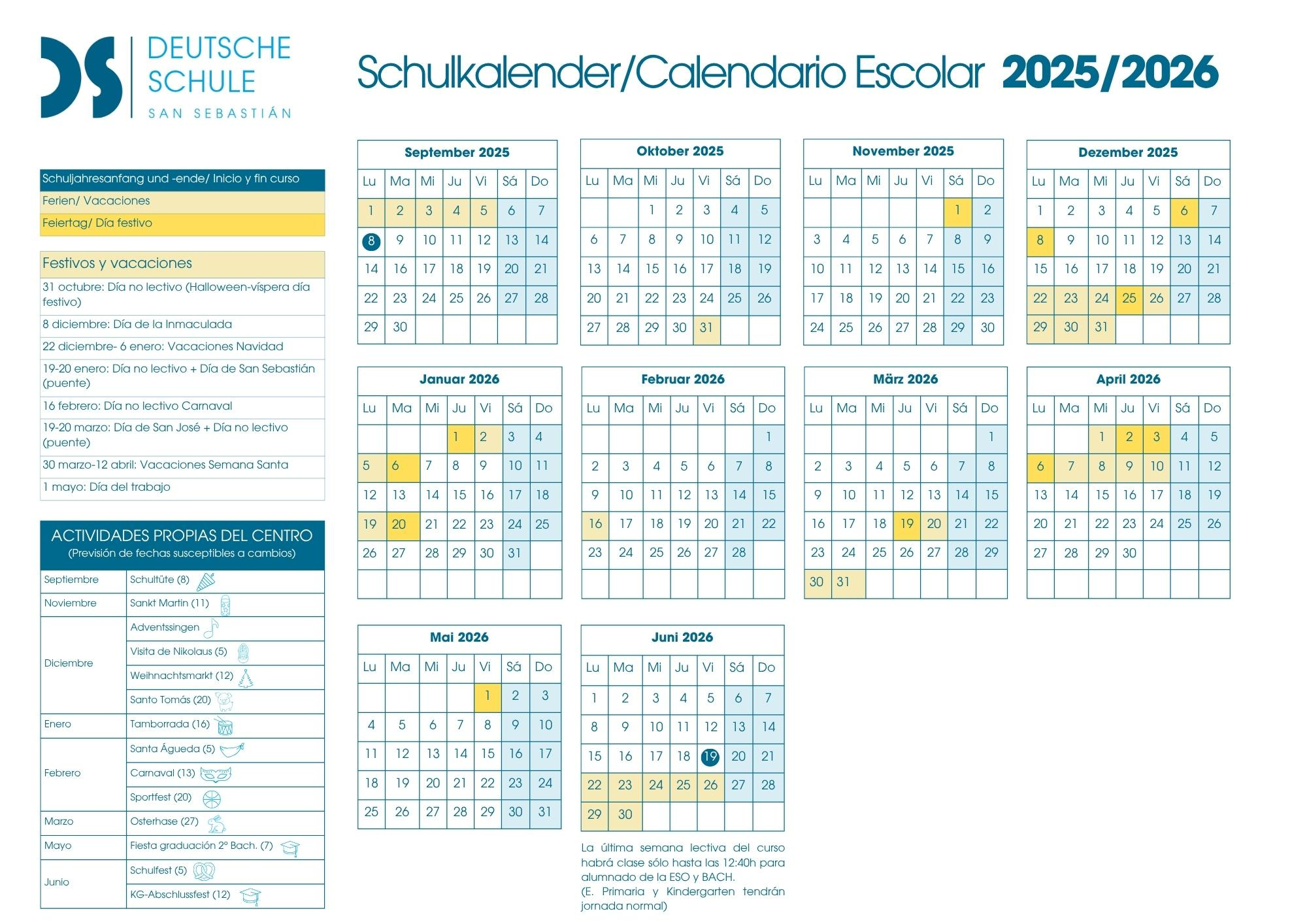Calendario Escolar 2025/2026 Deutsche Schule San Sebastián | Calendário Escolar Para 2025