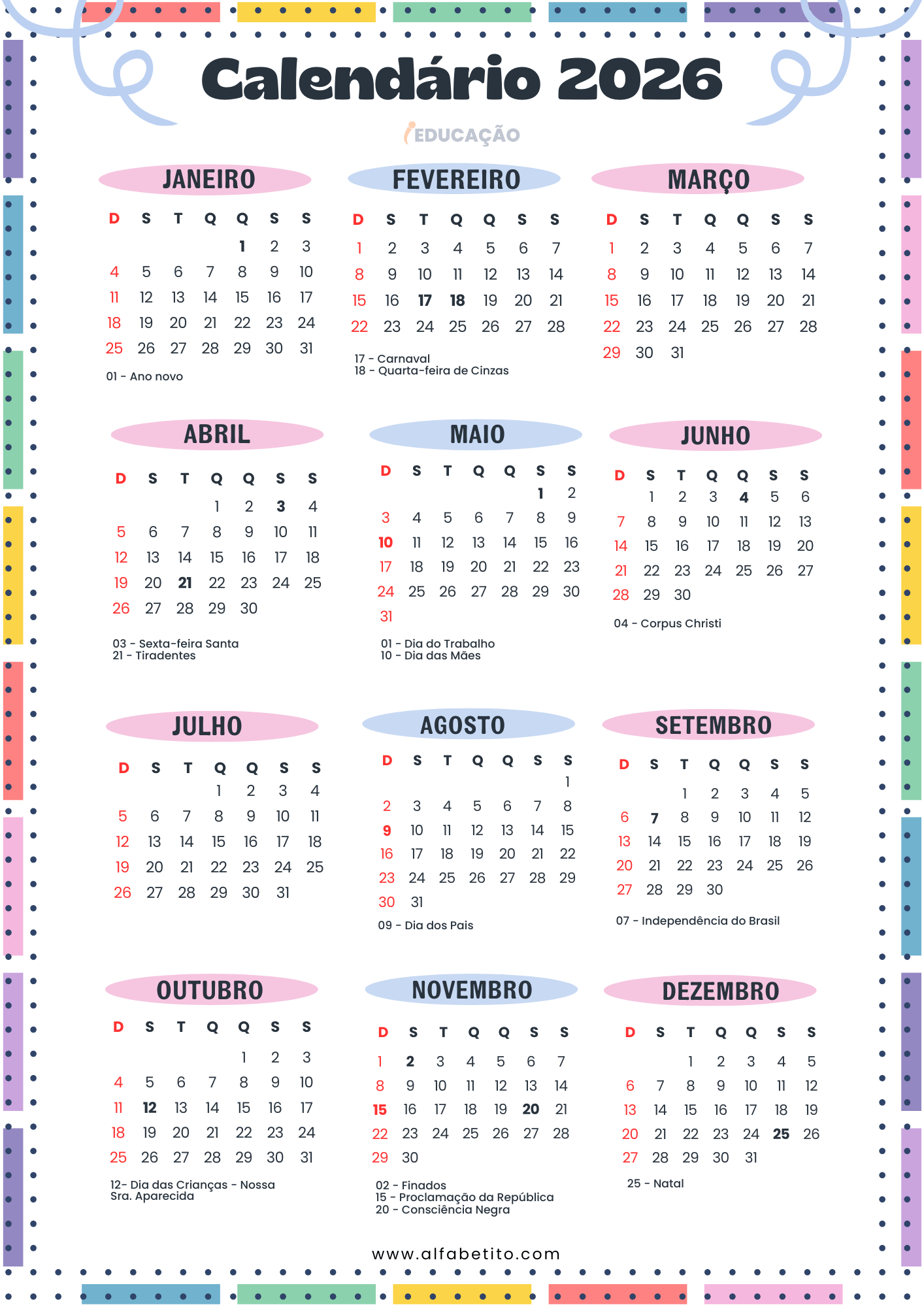 Calendário Escolar 2026 Com Datas Comemorativas Para Imprimir | Calendario De Datas Comemorativas 2026