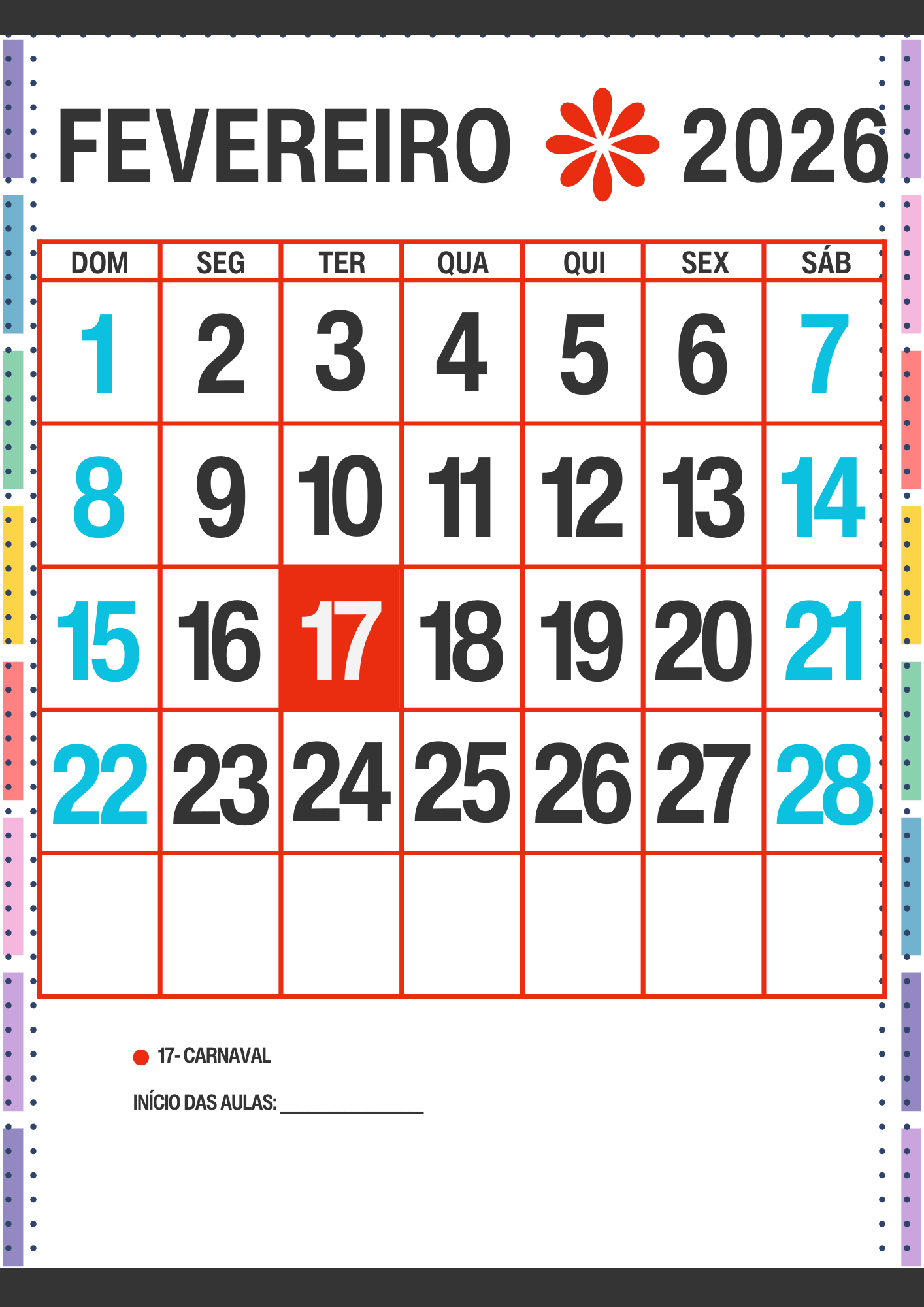 Calendário Escolar 2026 Com Datas Comemorativas Para Imprimir | Calendario De Datas Comemorativas Fevereiro 2026