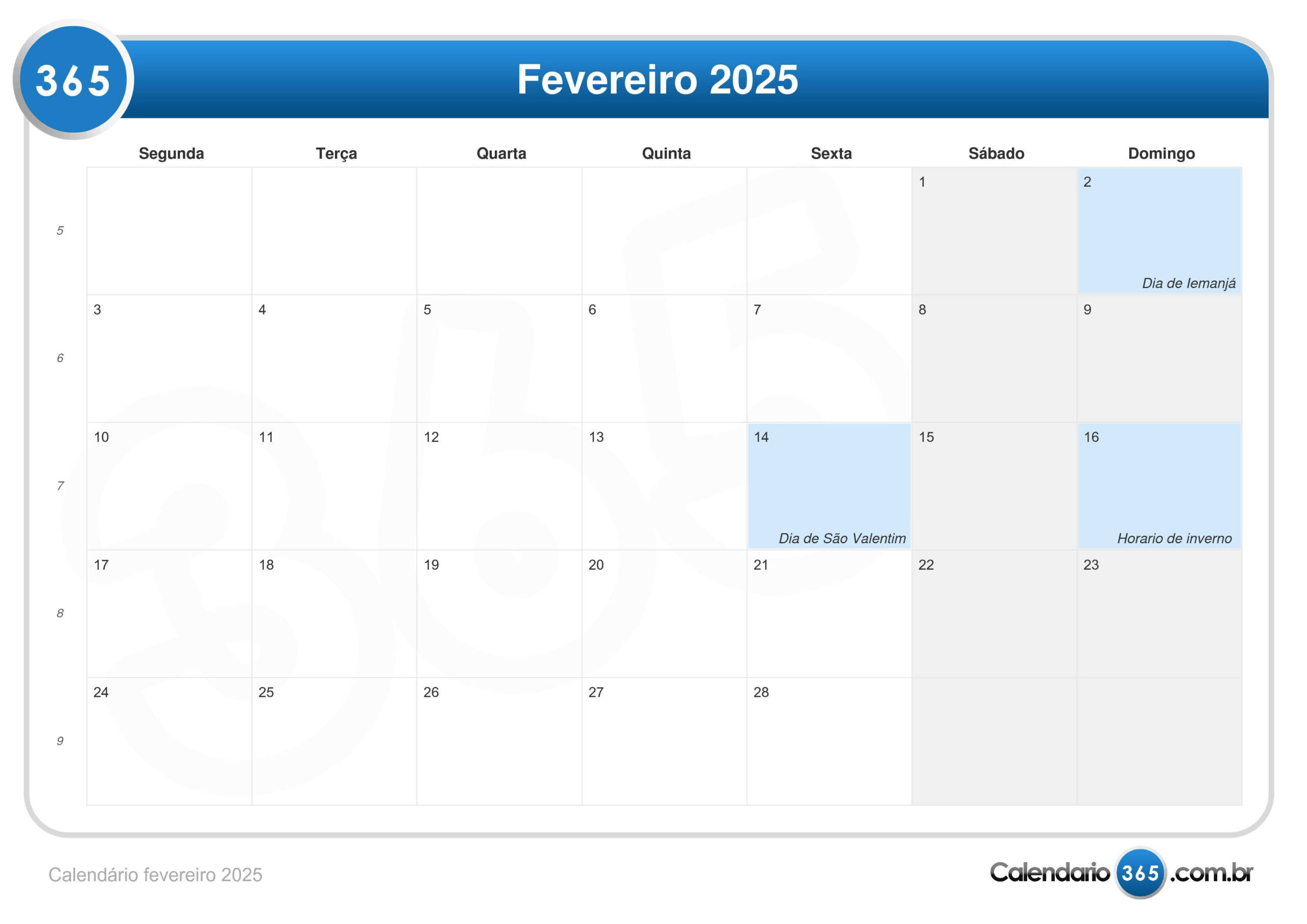 Calendário Fevereiro 2025 | Calendário De Fevereiro De Março De 2025