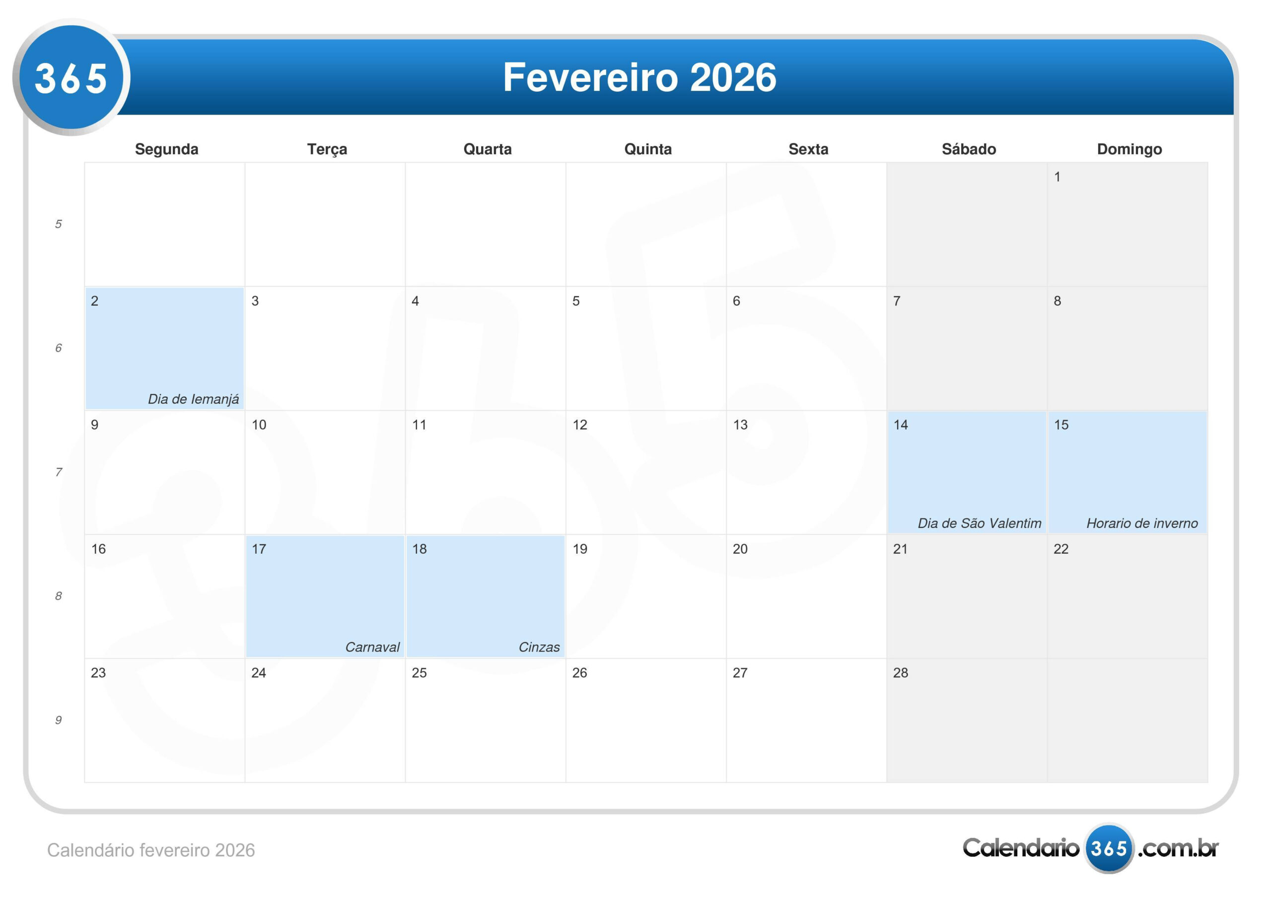 Calendário Fevereiro 2026 | Calendario Completo De Fevereiro De 2026