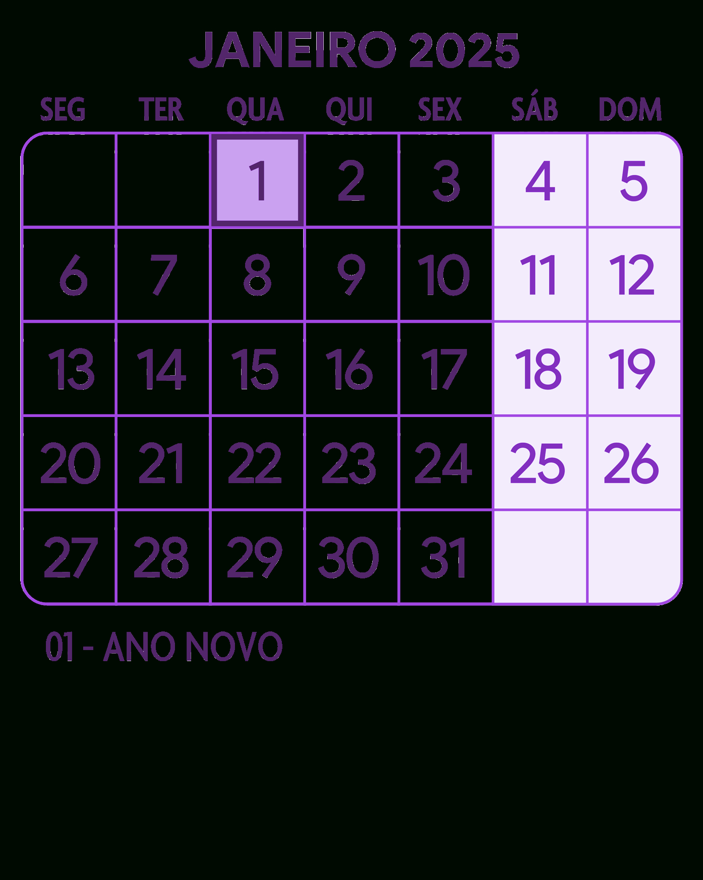 Calendario Janeiro 2025 Roxo - Fazendo A Nossa Festa | Calendário de 2025 de Janeiro