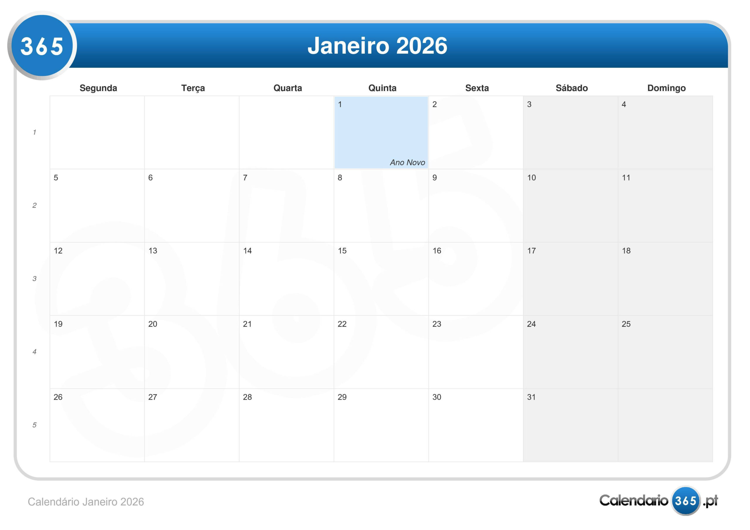 Calendário Janeiro 2026 | Calendario janeiro 2026 Portugal