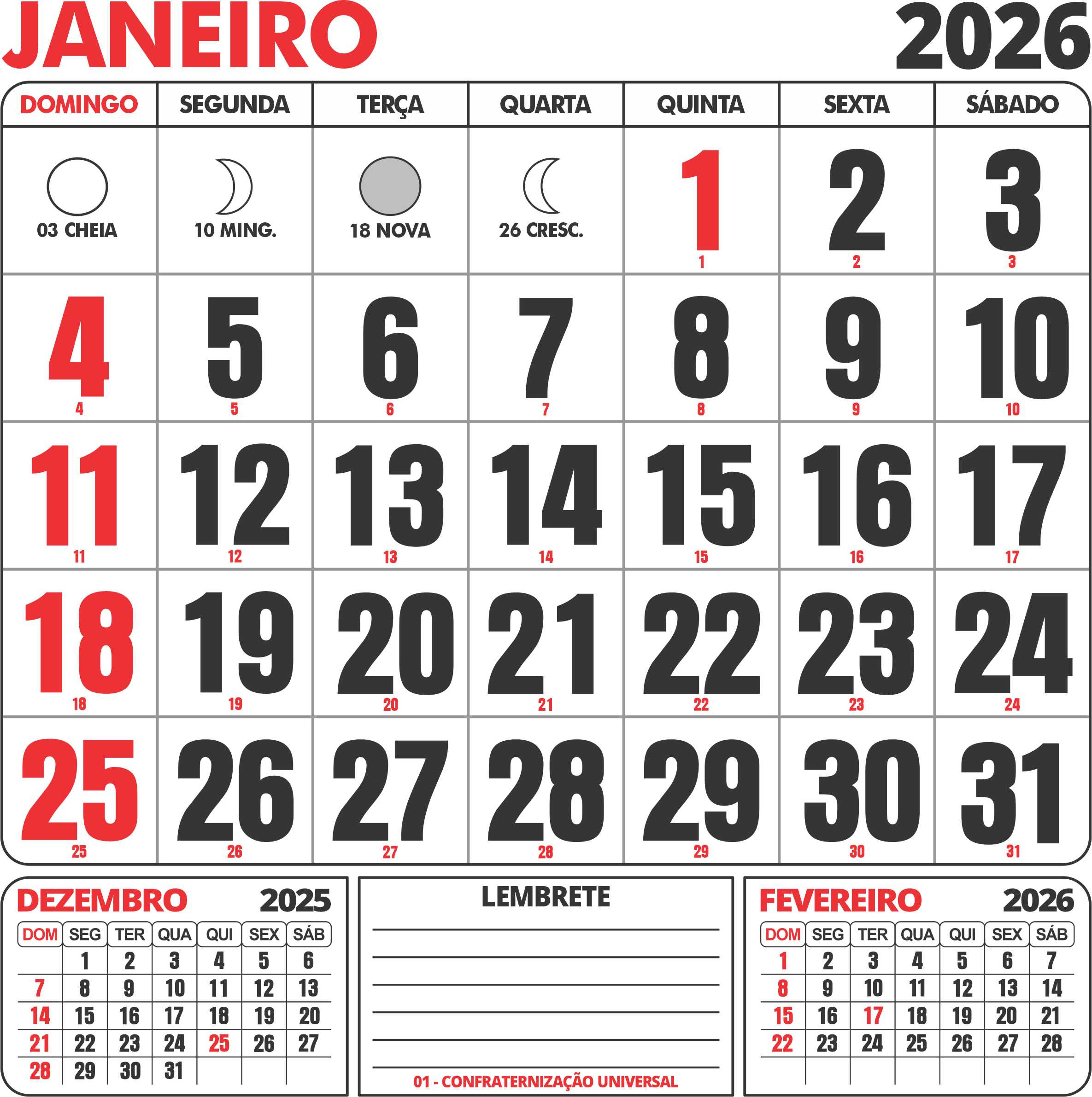Calendário Janeiro 2026 Com Feriados - Imagem Legal | Calendario Janeiro 2026 Com Feriados
