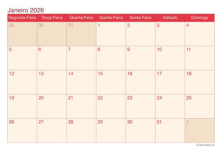 Calendario mensal 2026 para imprimir