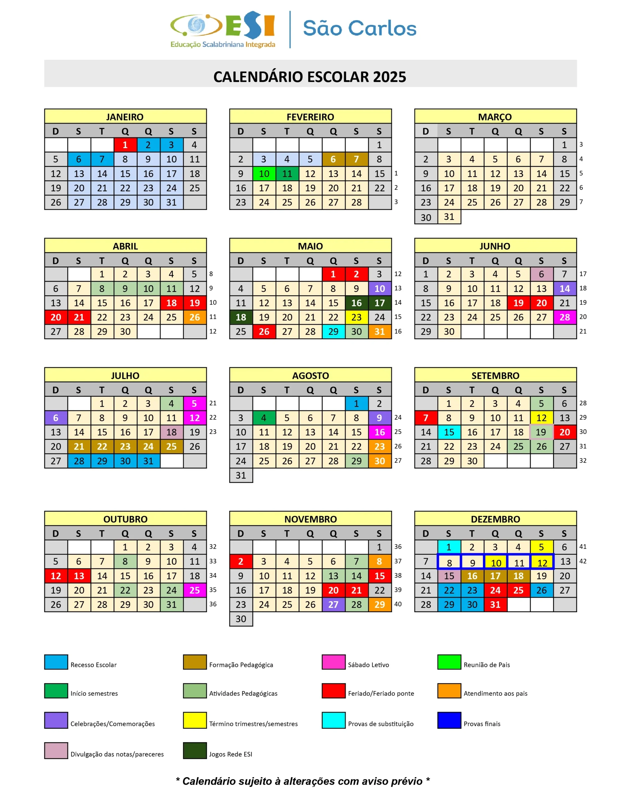 Calendário Letivo 2025 | Colégio Esi São Carlos — Caxias Do Sul, Rs | Calendário 2025 See Mg
