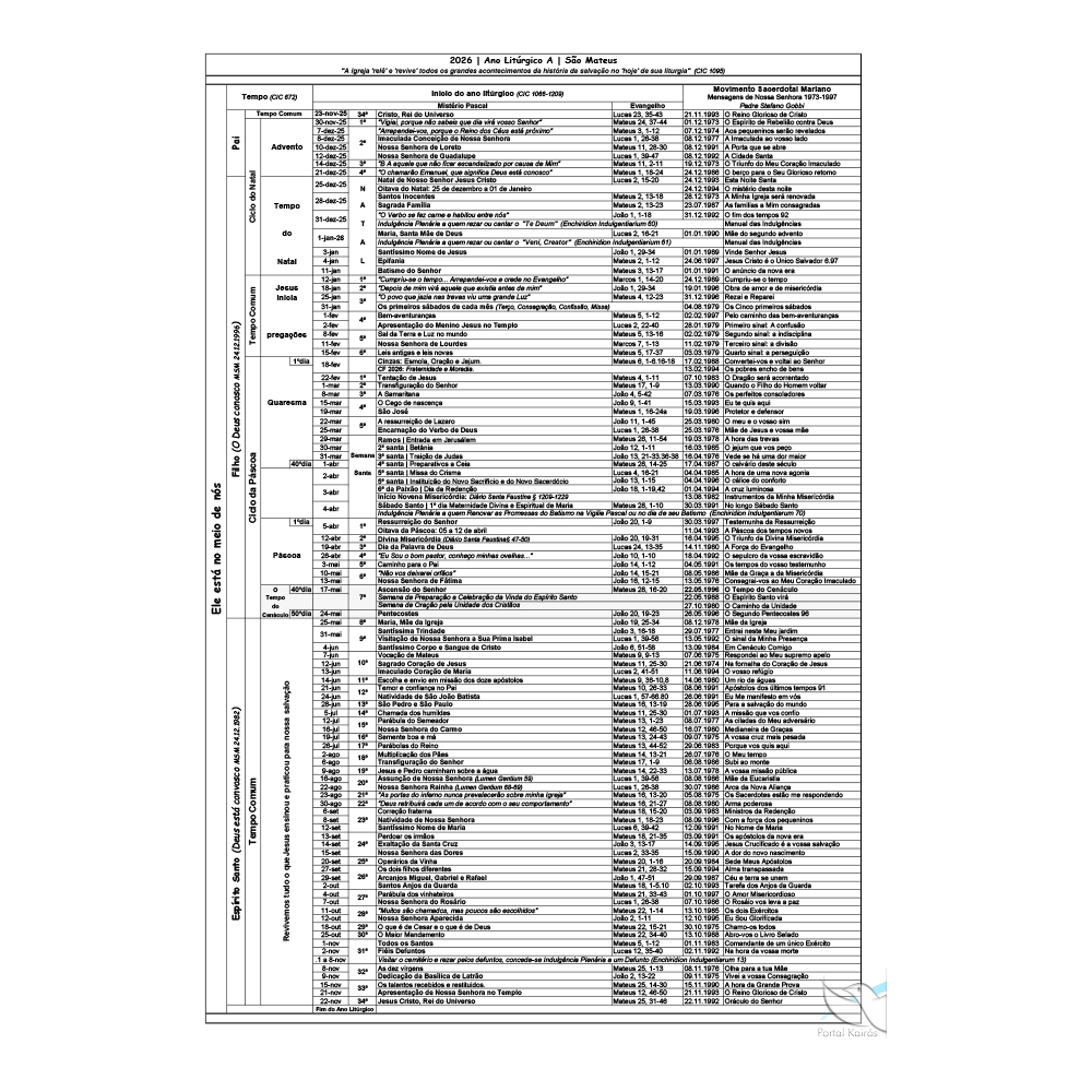 Calendário Litúrgico 2026 Simplificado Em Alta Qualidade Pra | Calendario liturgico 2026 Brasil