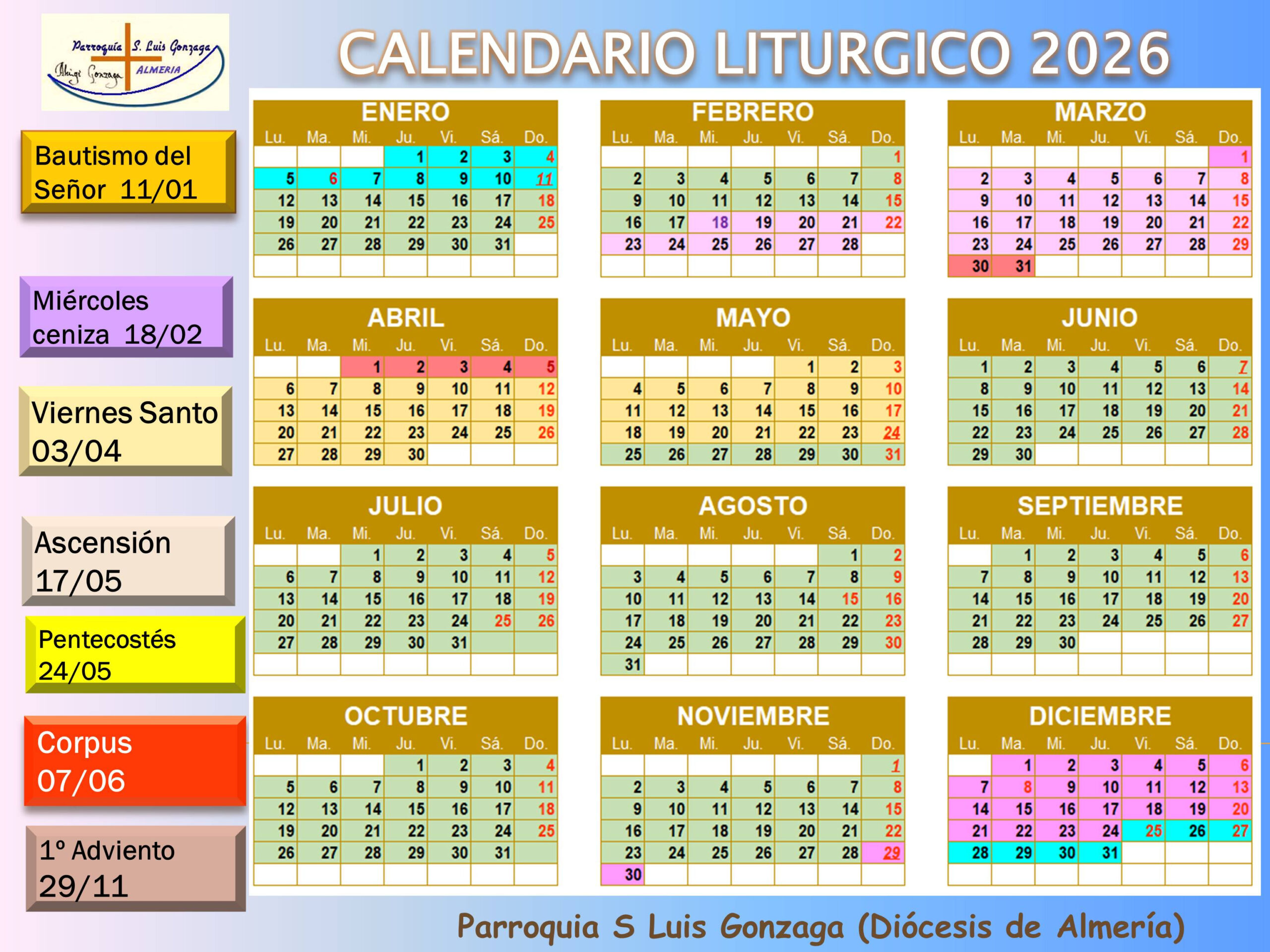 Calendario Liturgico Para El Año 2026 | Calendario liturgico de 2026