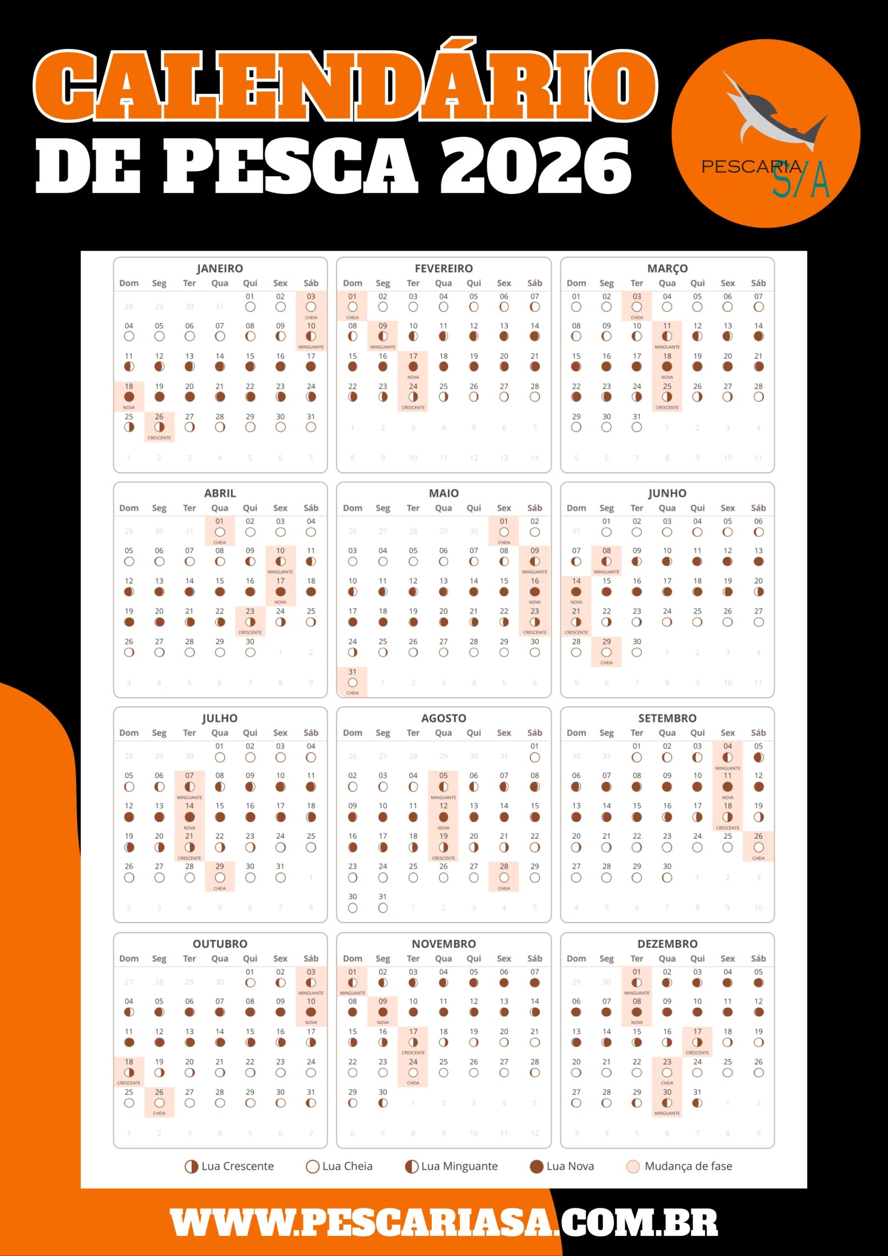 Calendário Lunar De Pesca 2026: Download Grátis – Imprimir Online | Calendario de pesca 2026 agua doce