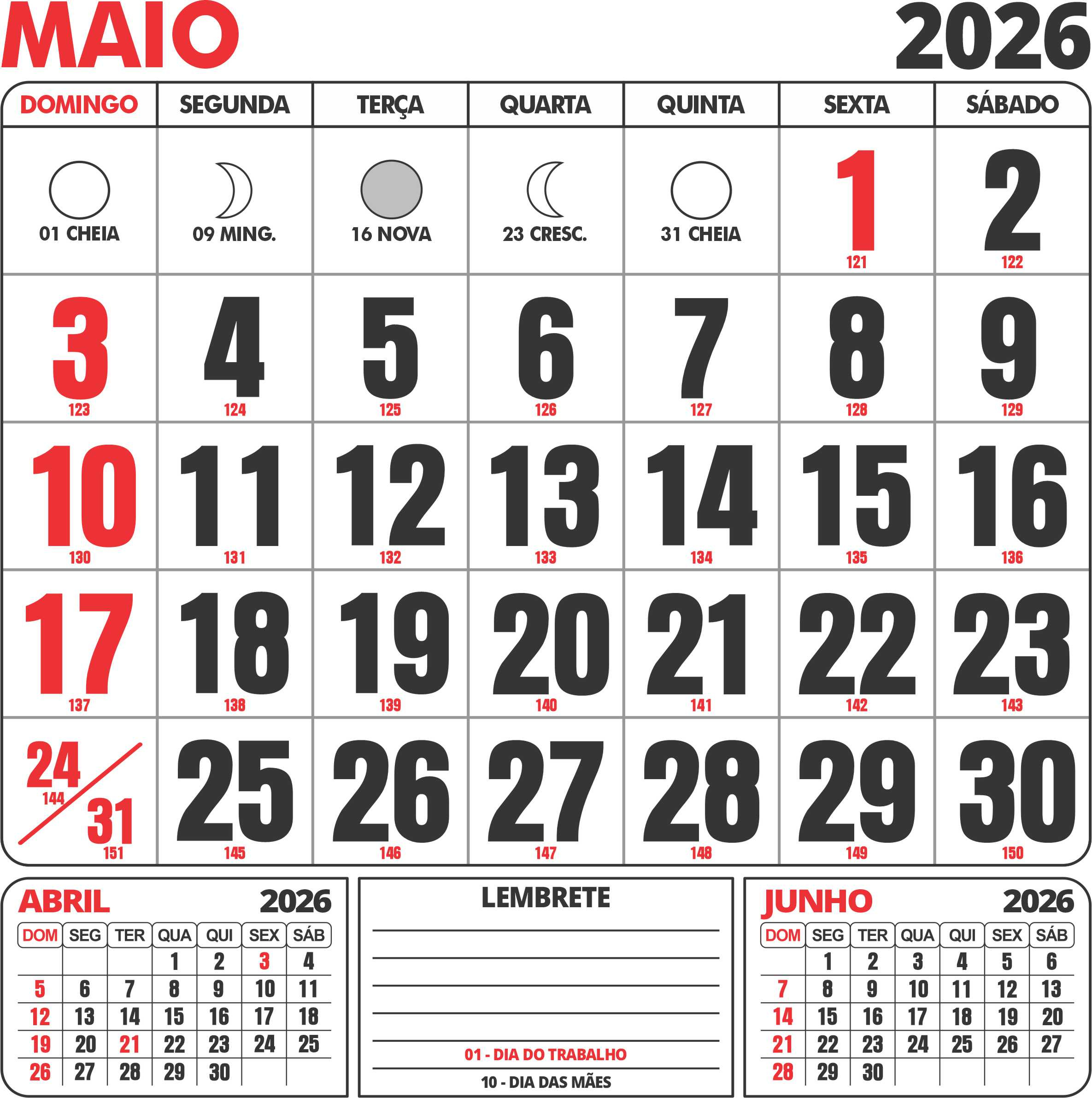 Calendário Maio 2026 Com Feriados - Imagem Legal | Calendario abril e maio 2026