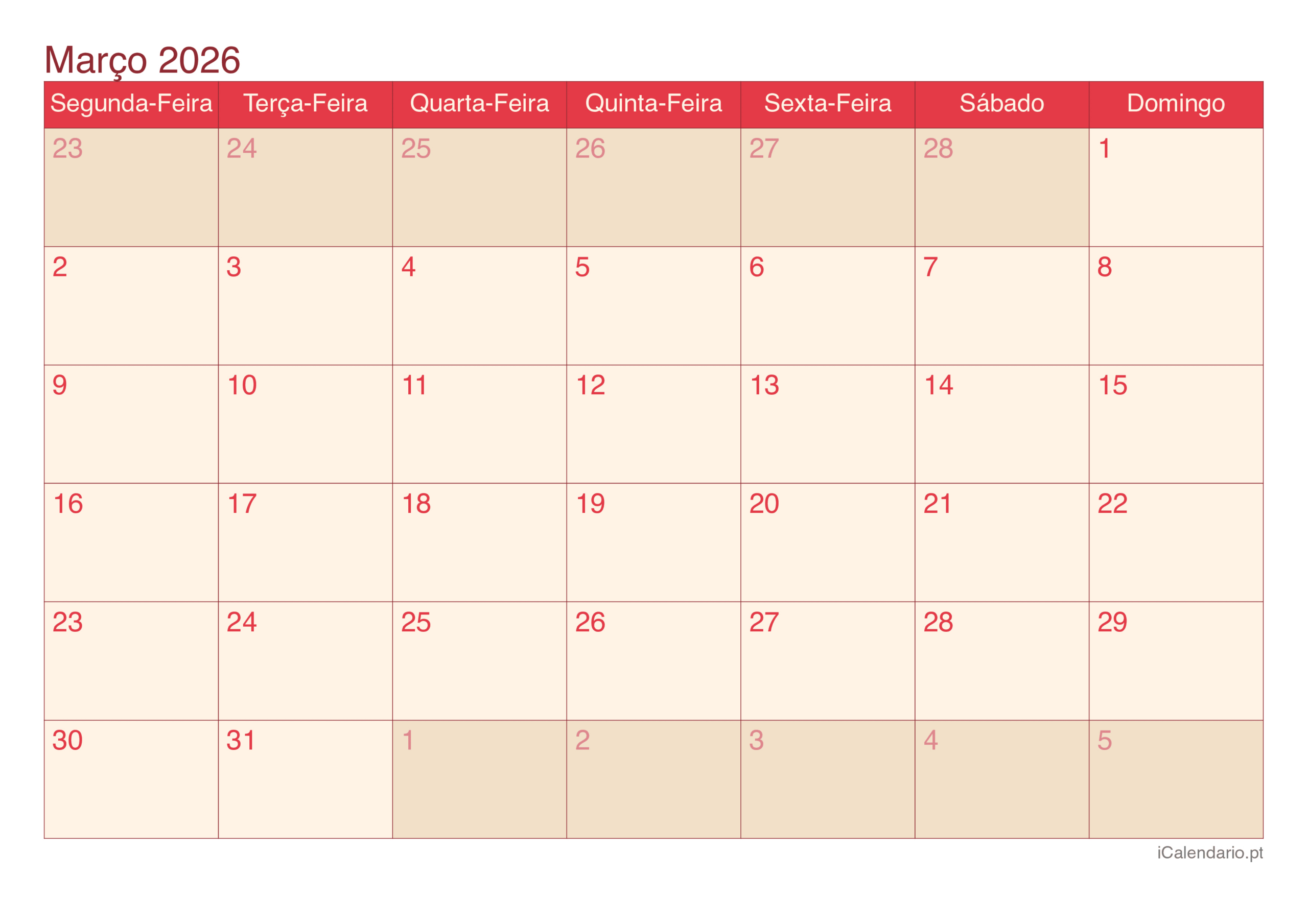 Calendário Março De 2026 Para Imprimir | Calendario marco 2026 para imprimir