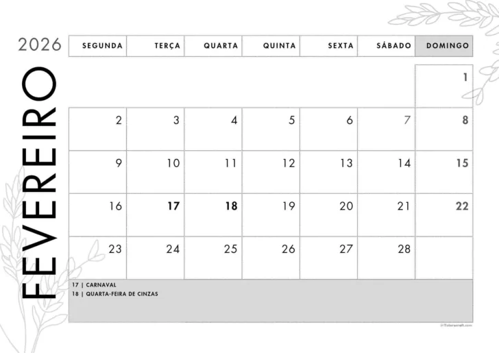 Calendario do mes de fevereiro de 2026 para imprimir Calendario do mes de fevereiro de 2026 para imprimir