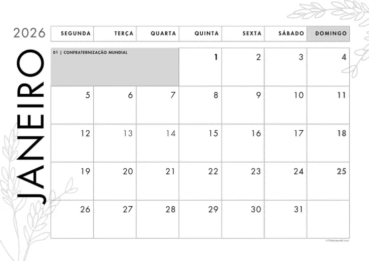 Calendario janeiro 2026 para imprimir Calendario janeiro 2026 para imprimir