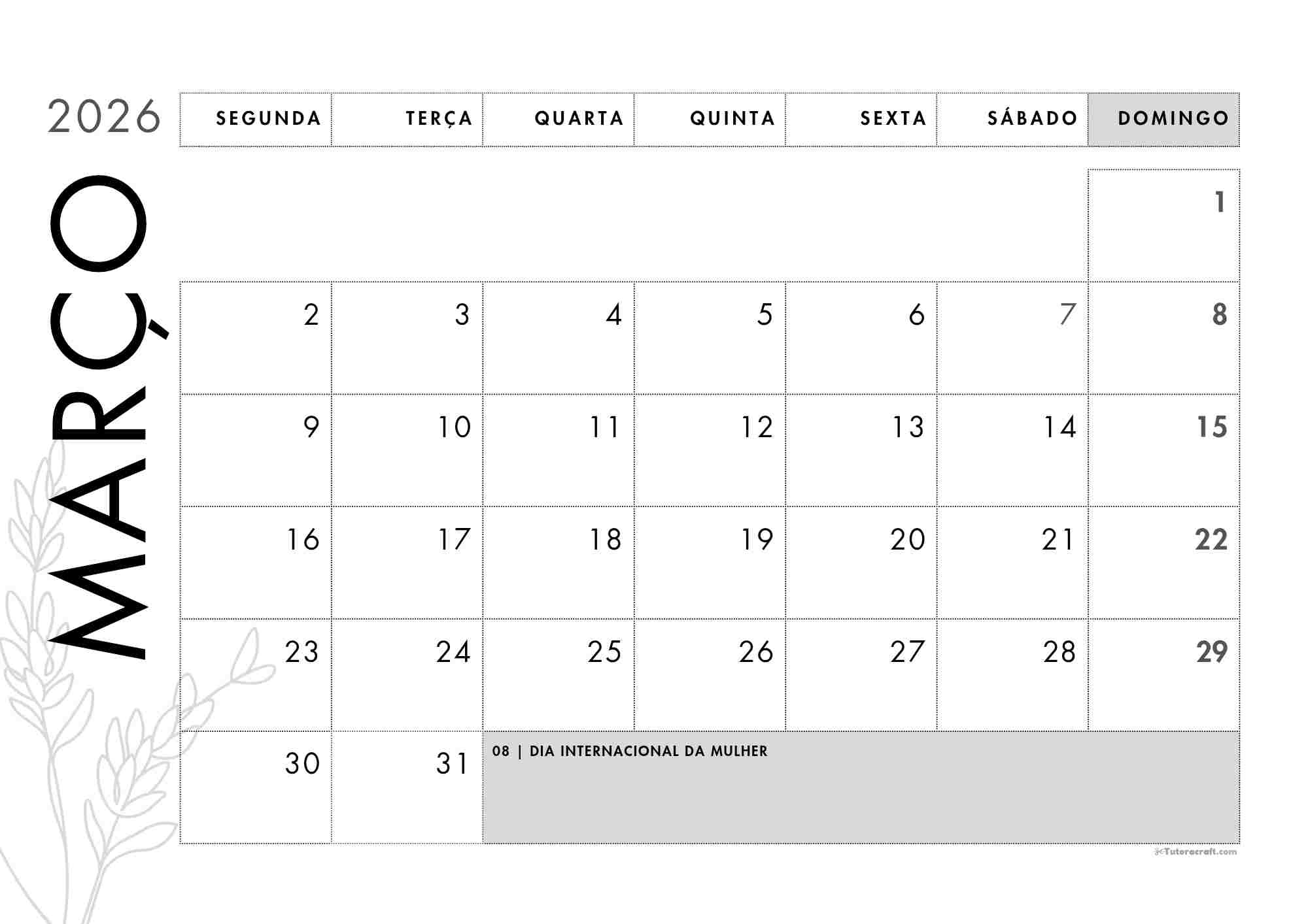Calendário Mensal 2026 Em Branco Para Imprimir | Calendario mensal 2026 para imprimir