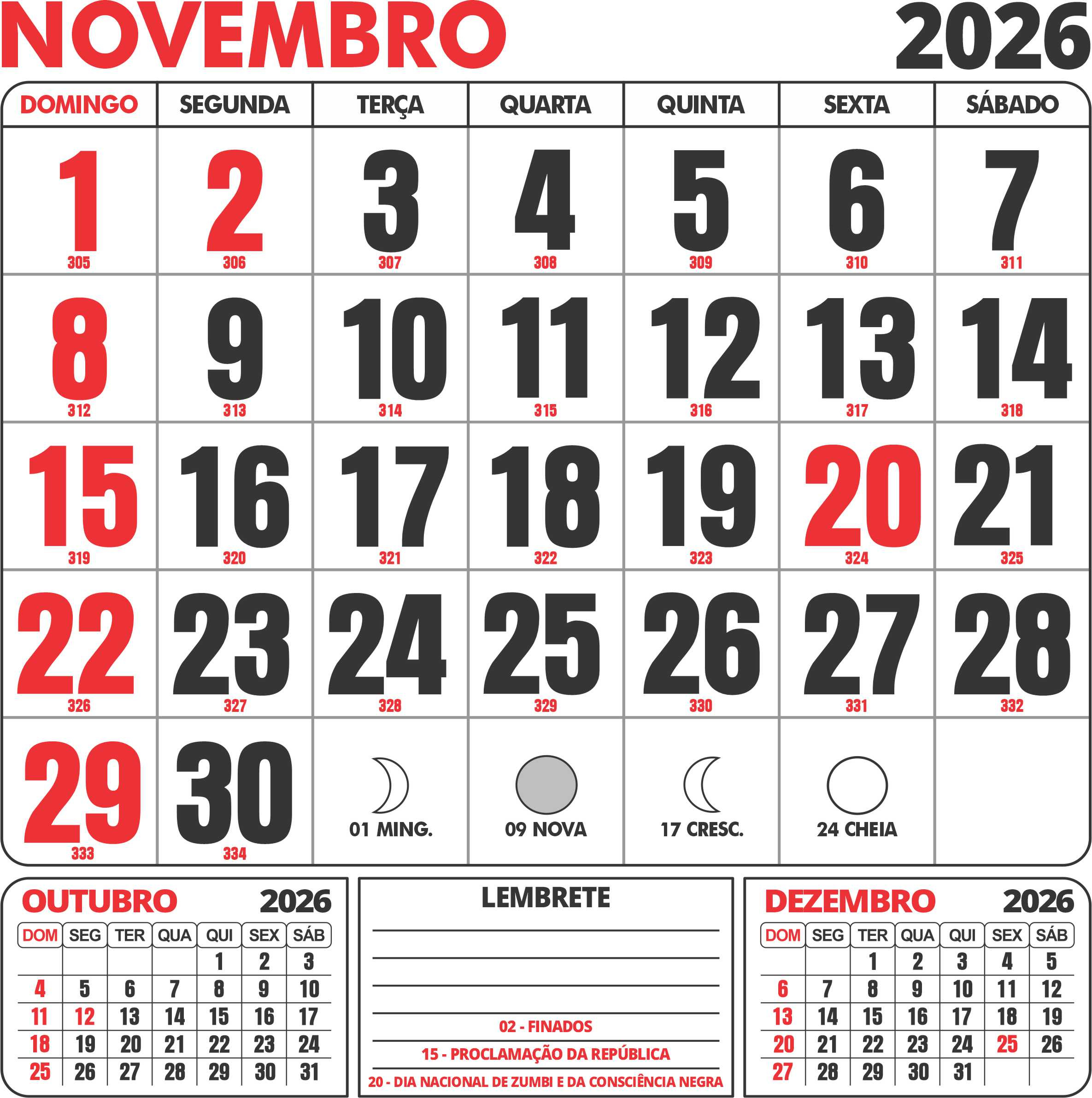Calendário Novembro 2026 Com Feriados - Imagem Legal | Calendario do mes de novembro de 2026