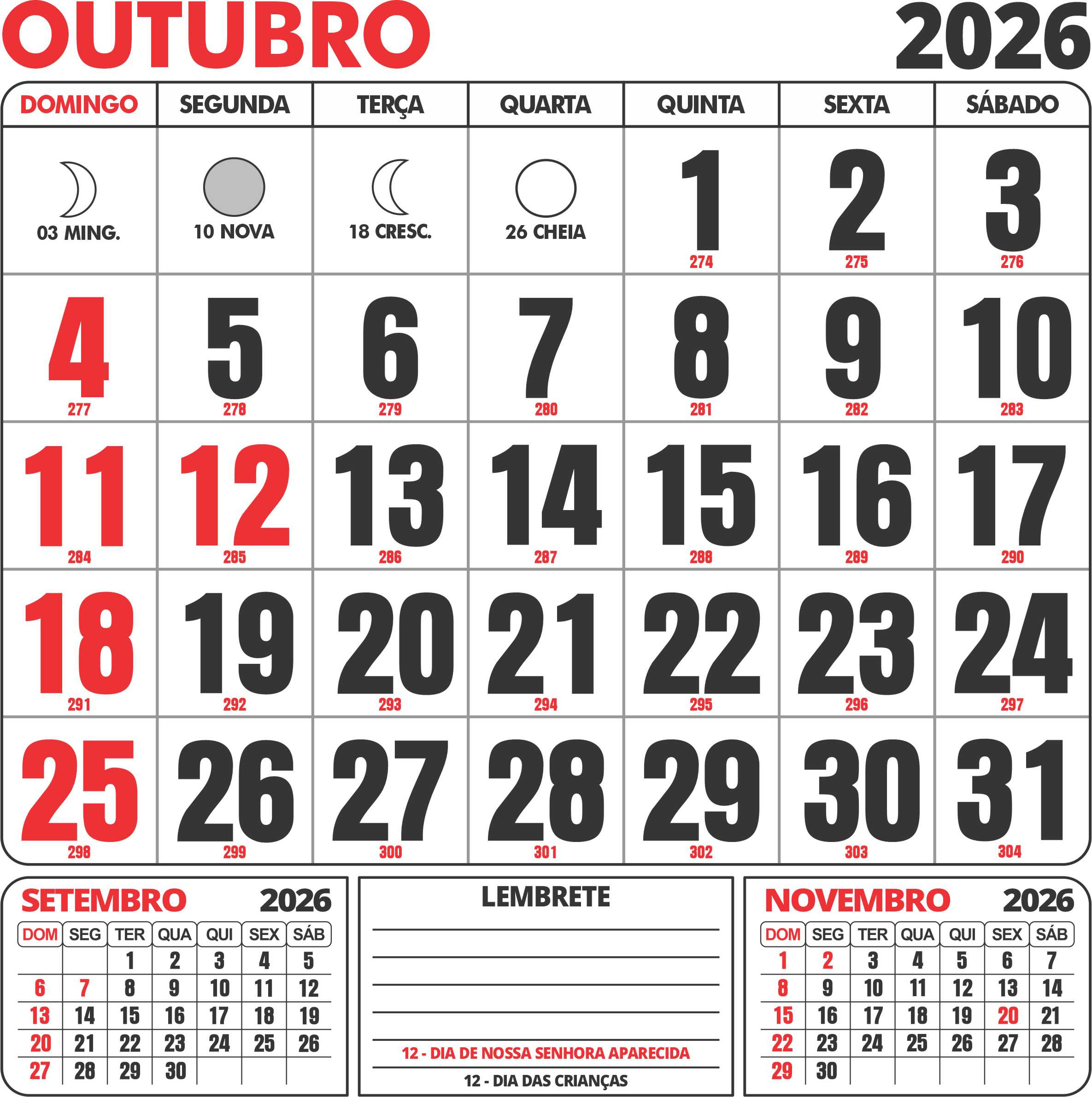 Calendário Outubro 2026 Com Feriados - Imagem Legal | Calendario De Outubro De 2026