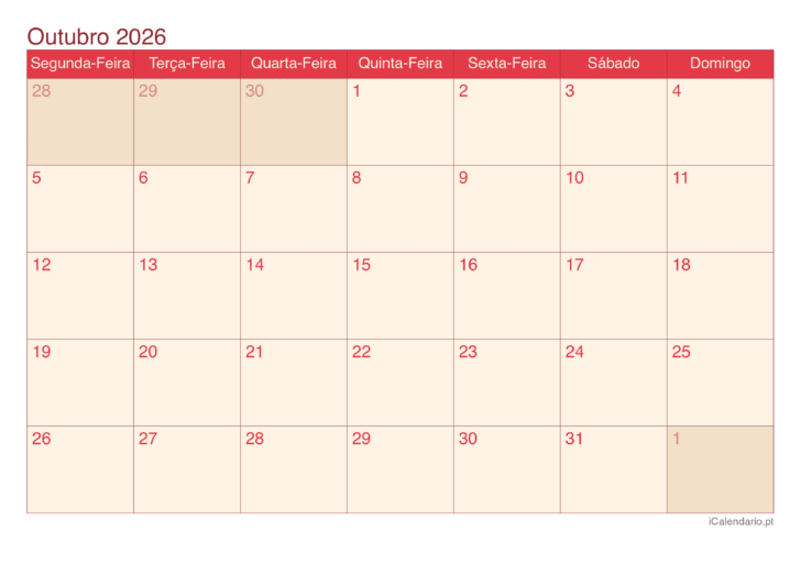 Calendario do mes de outubro 2026 Calendario do mes de outubro 2026