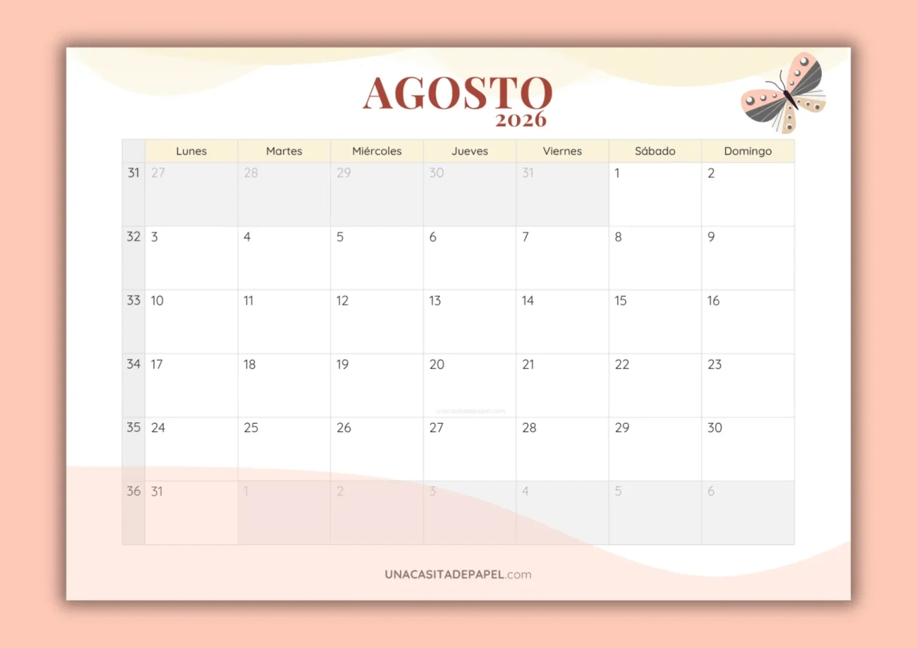 Calendarios ❤️ Para Imprimir | Calendario Agosto 2026 Para Imprimir