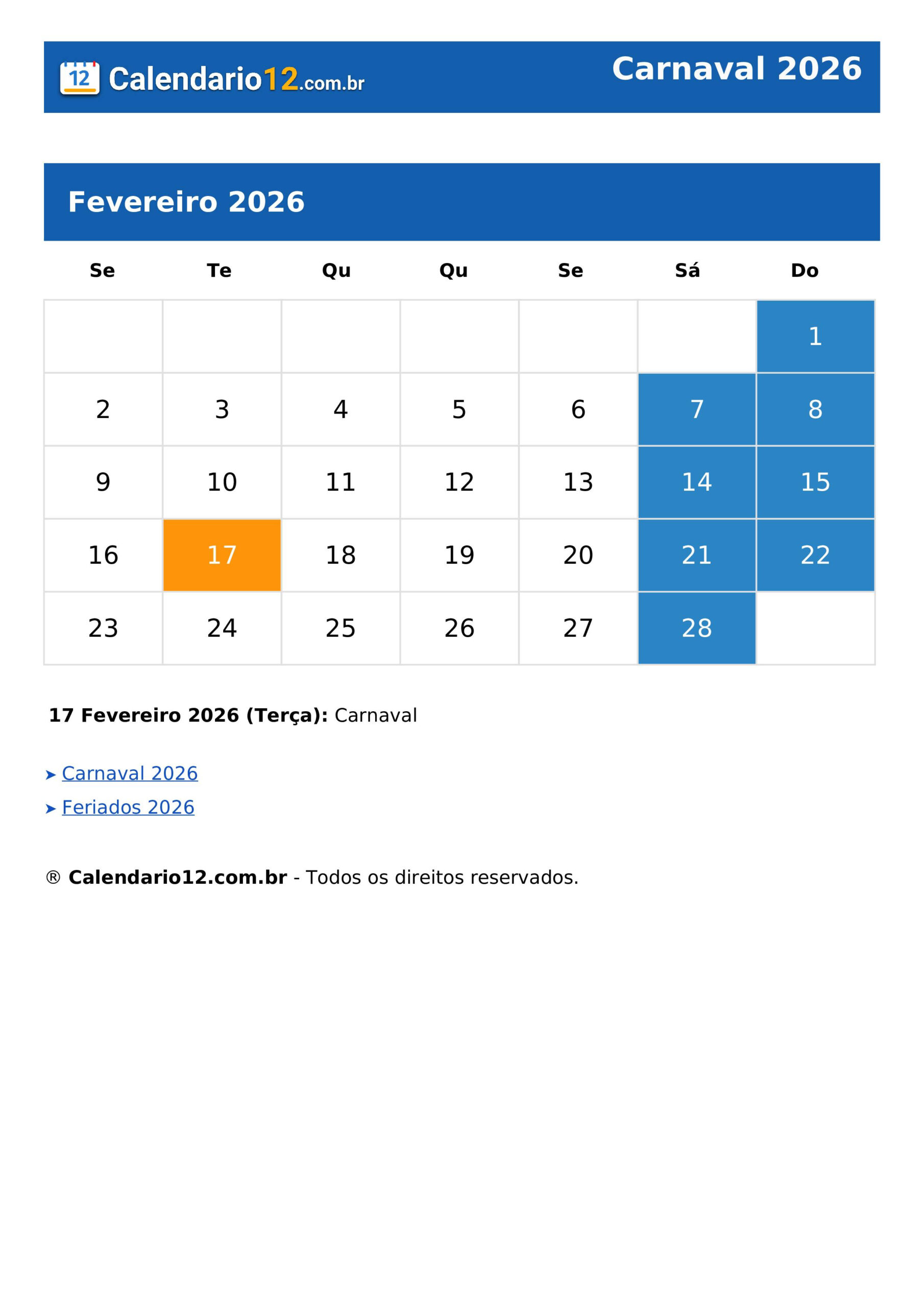 Carnaval 2026 ⬅️ Calendário — Calendario12.Br | Calendario De 2026 Carnaval