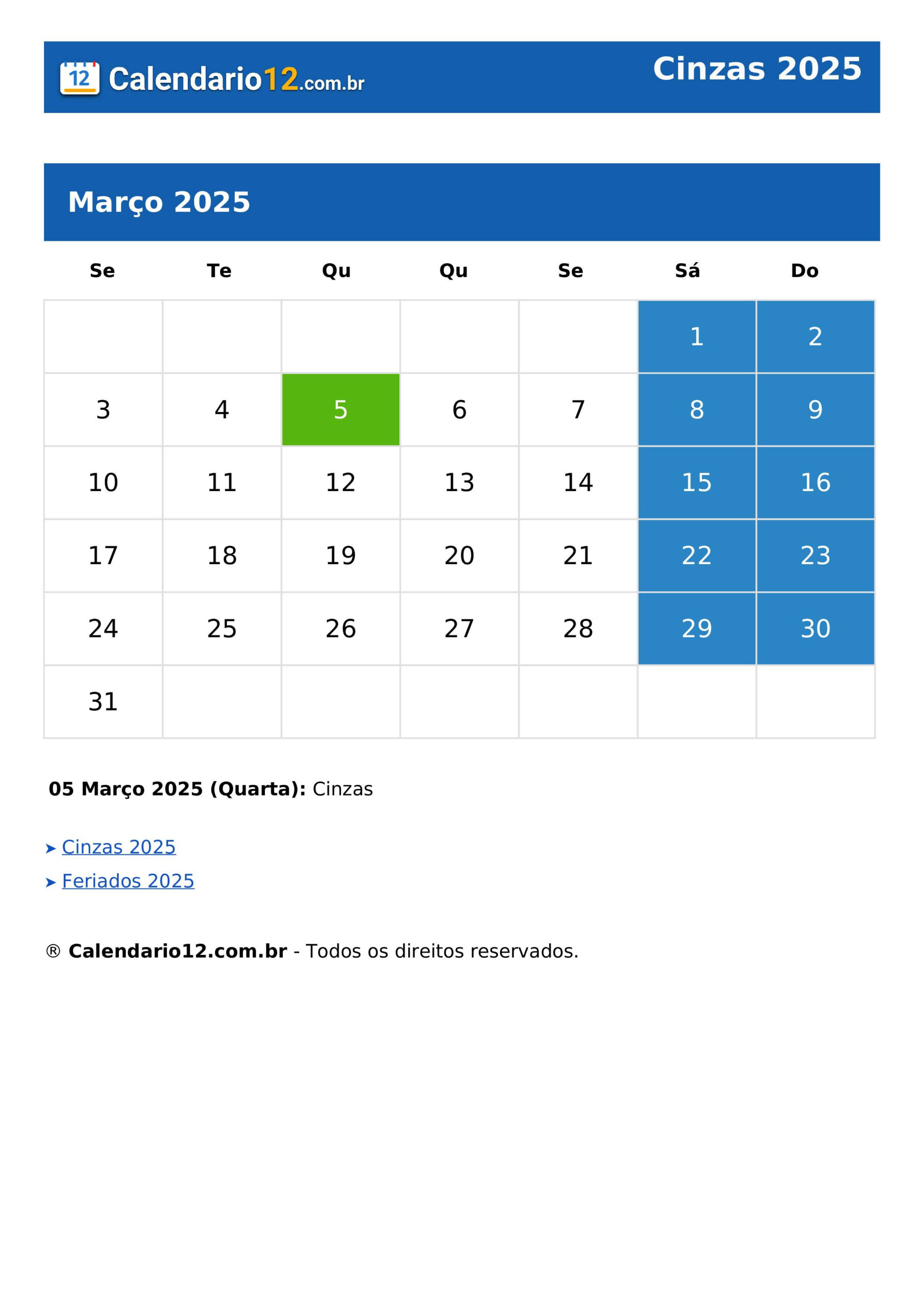 Cinzas 2025 ⬅️ Calendário — Calendario12.Br | Quarta Feira de Cinzas 2025 Calendário