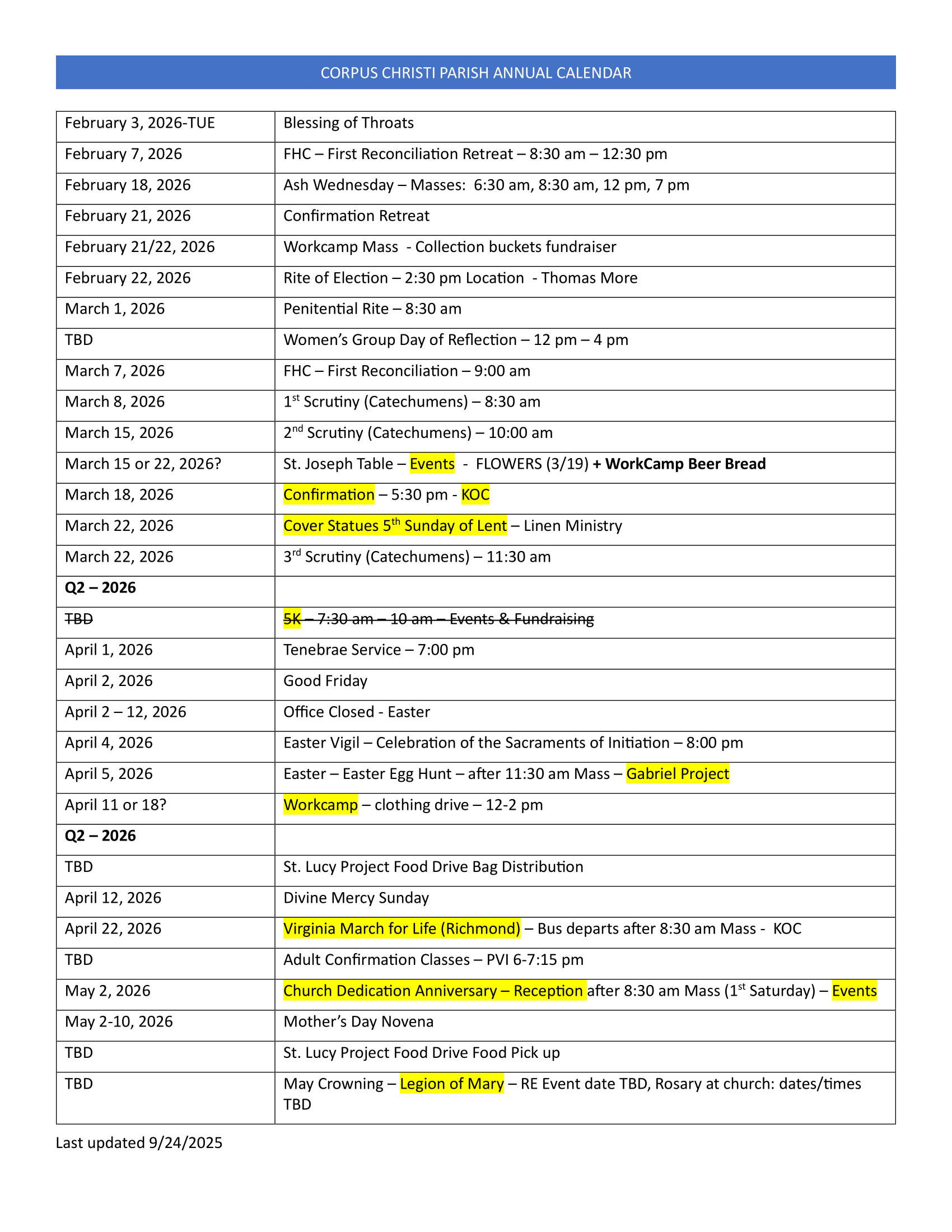Corpus Christi Catholic Church, South Riding, Va - Annual Calendar | Calendario Corpus Christi 2026