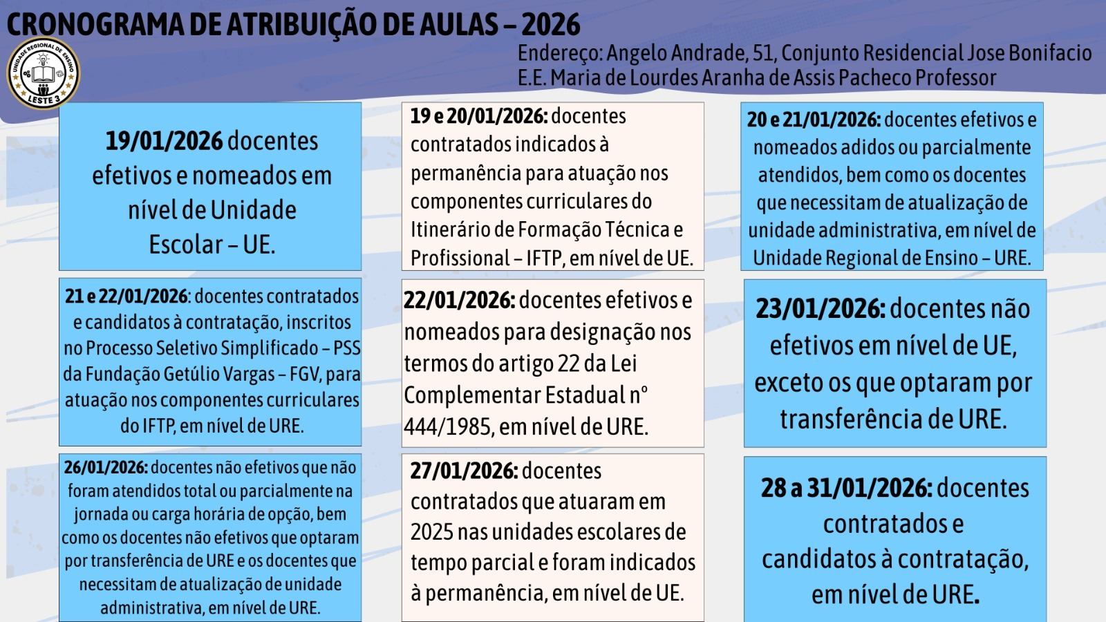 Cronograma De Atribuição De Classes/Aulas /2026 – Unidade Regional | Calendario Atribuicao De Aulas 2026 Sp