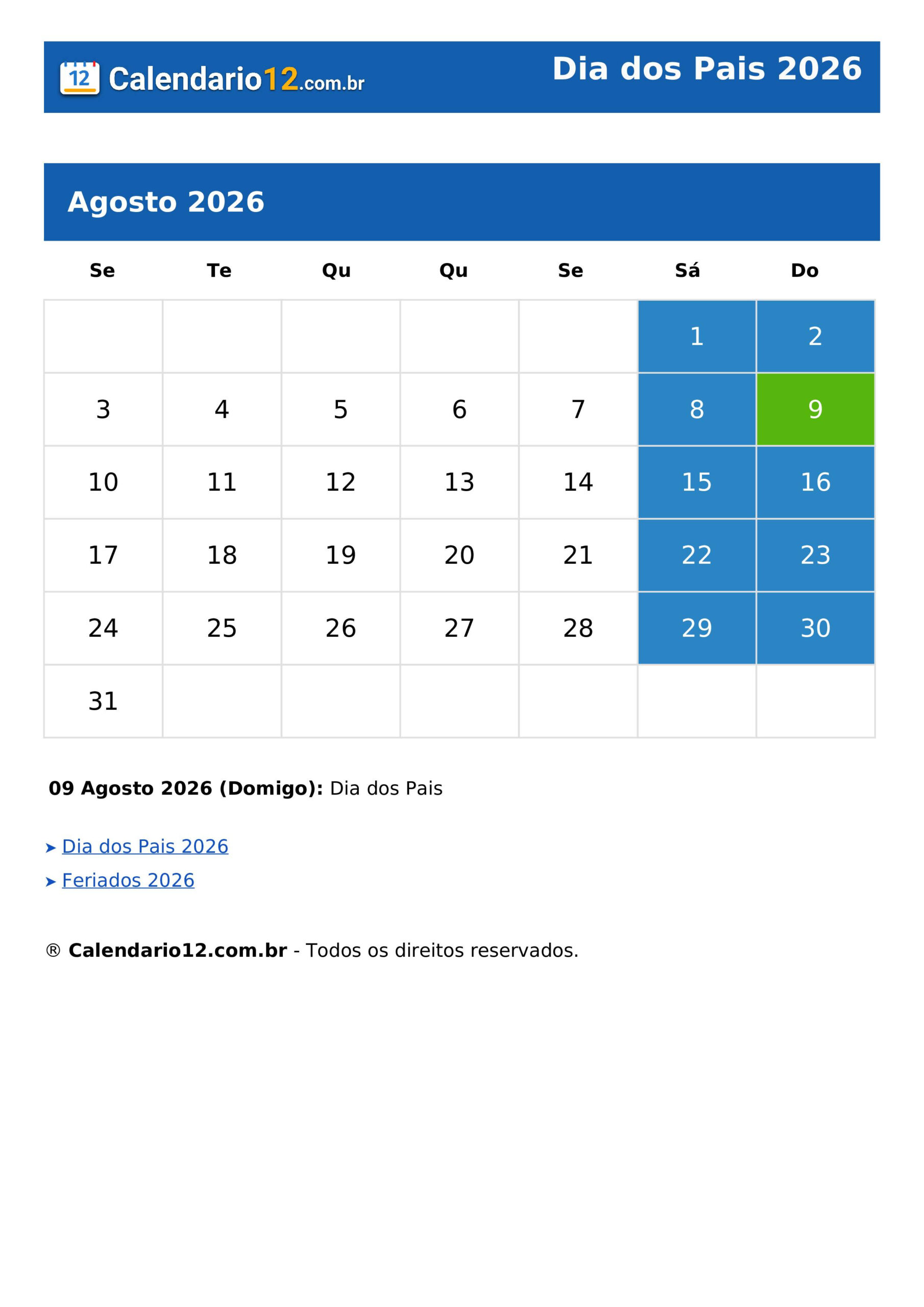 Dia Dos Pais 2026 ⬅️ Calendário — Calendario12.Br | Dia dos Pais 2026 calendario