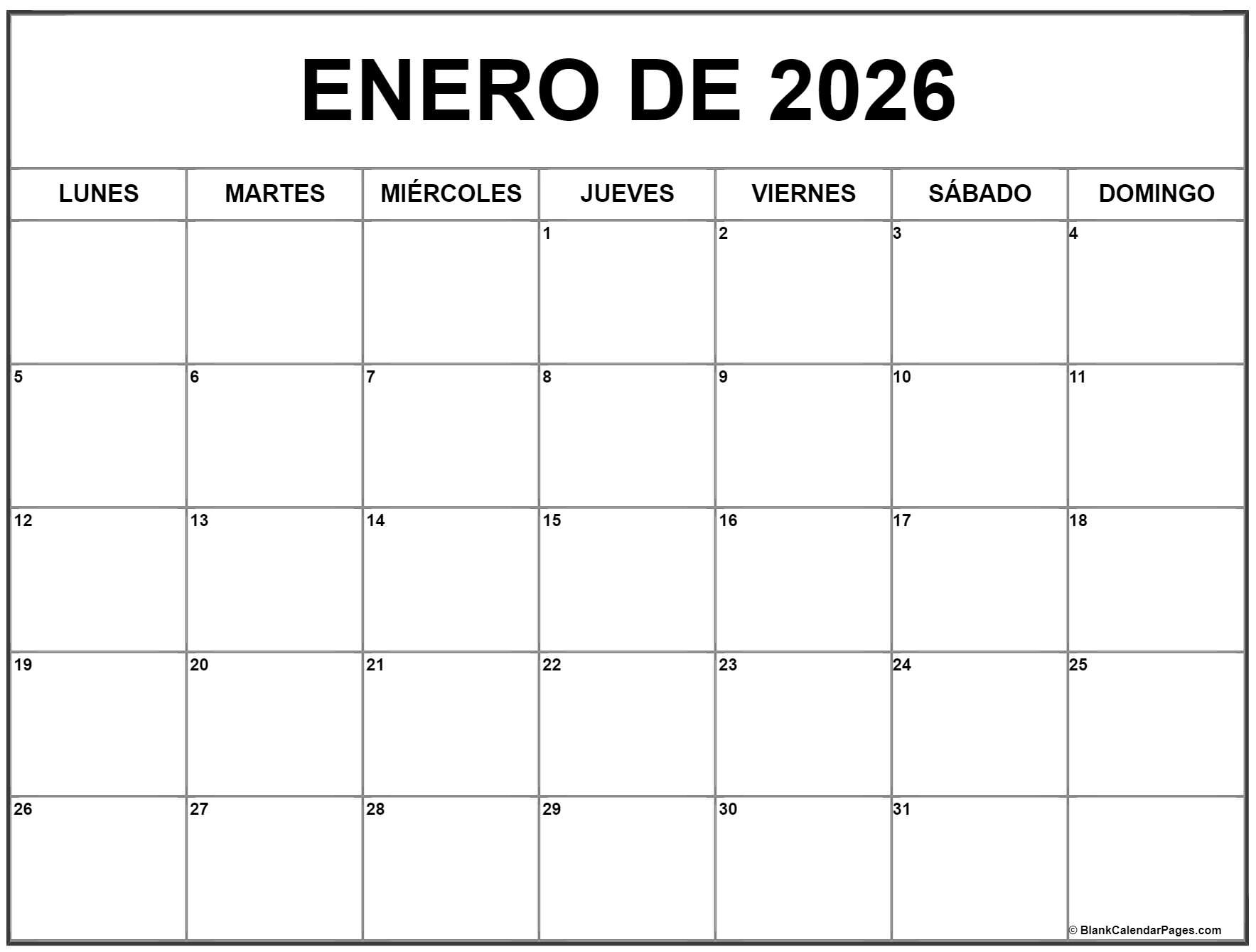 Enero De 2026 Calendario Gratis | Calendario Enero | Calendario 2026 para editar gratis
