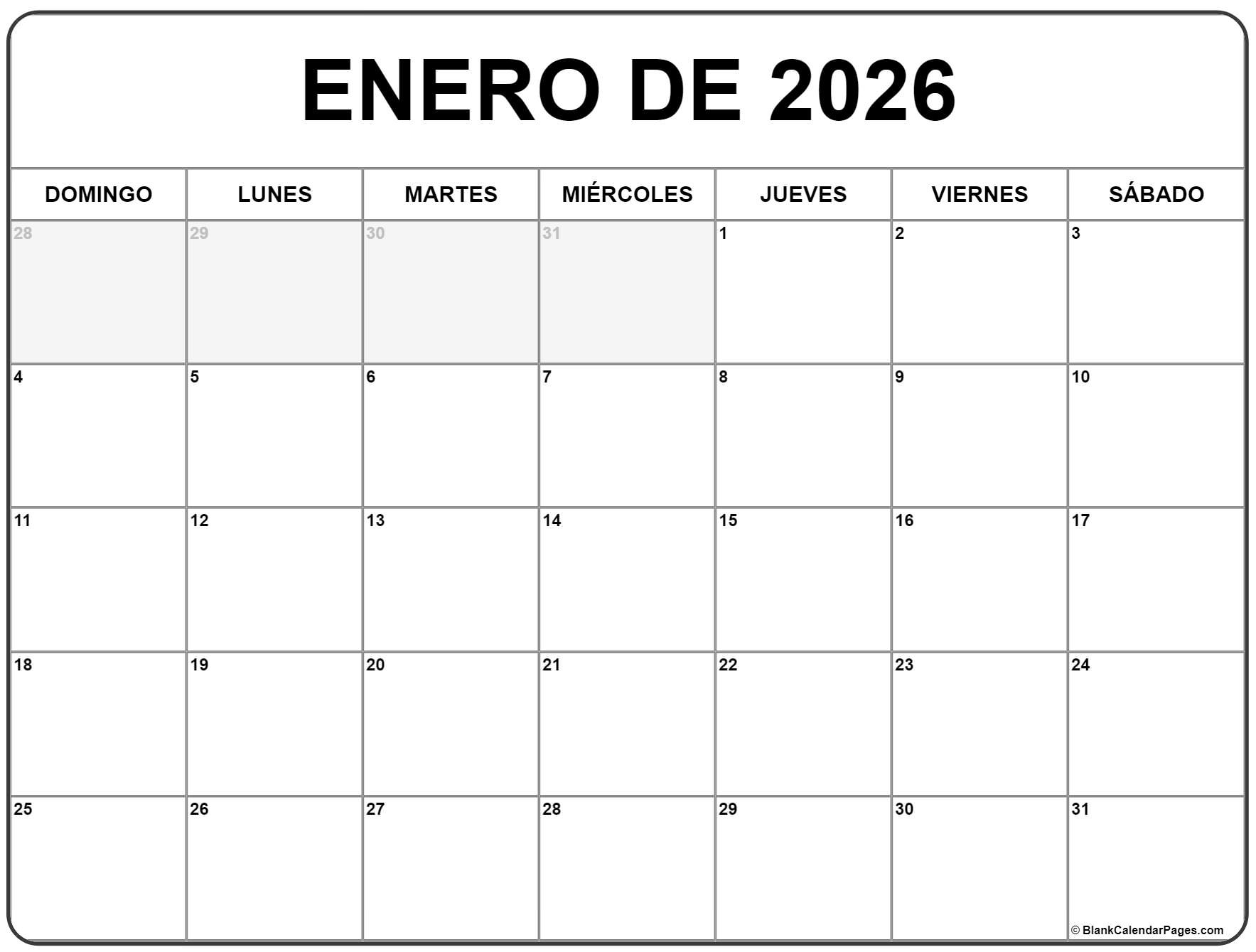 Enero De 2026 Calendario Gratis | Calendario Enero | Calendario 2026 para imprimir gratis