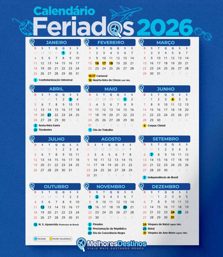 Calendario 2026 com feriados imprimir