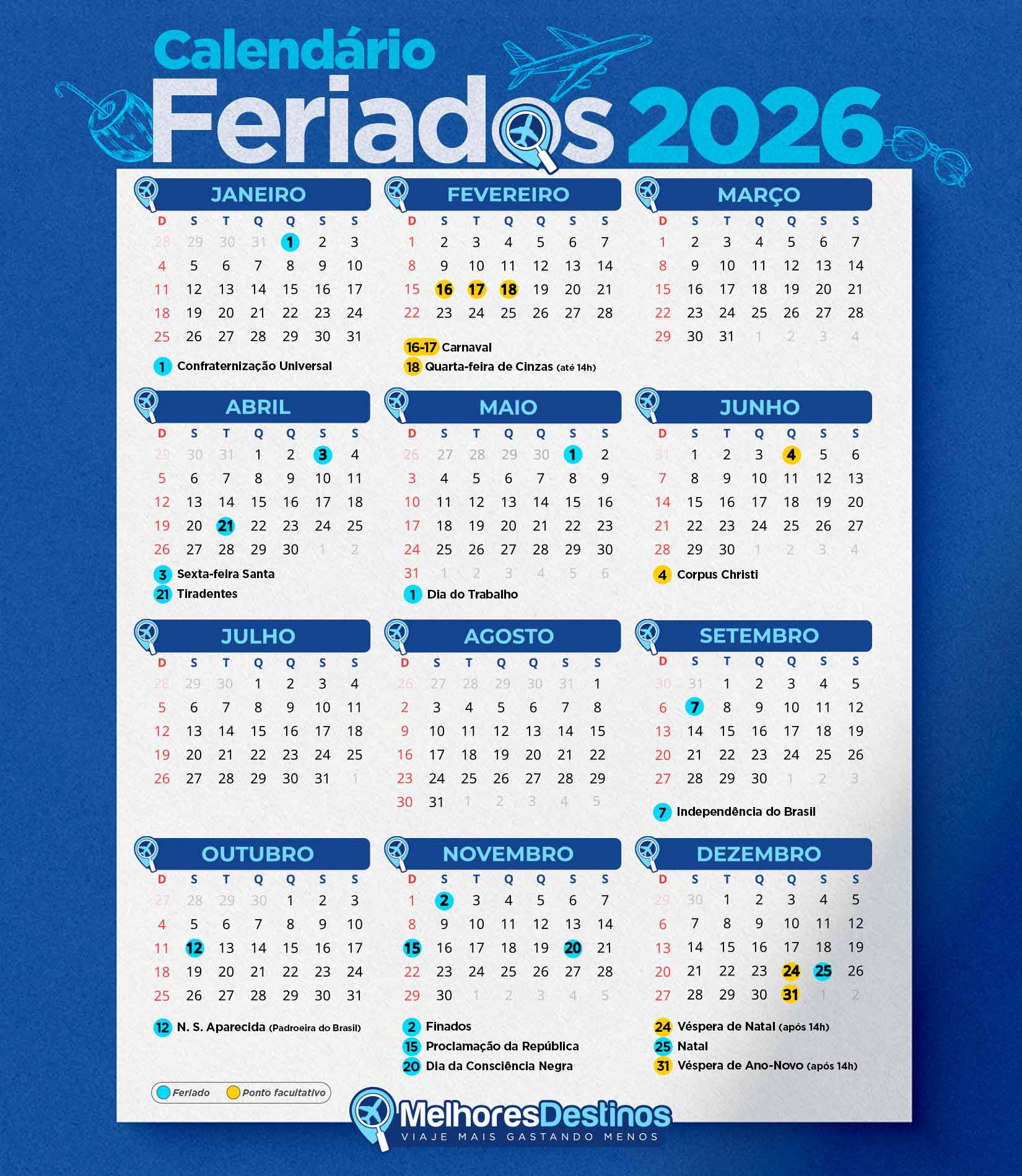 Feriados 2026 – Calendário Com Todas As Folgas Para Viajar! | Calendario 2026 Com Feriados Imprimir