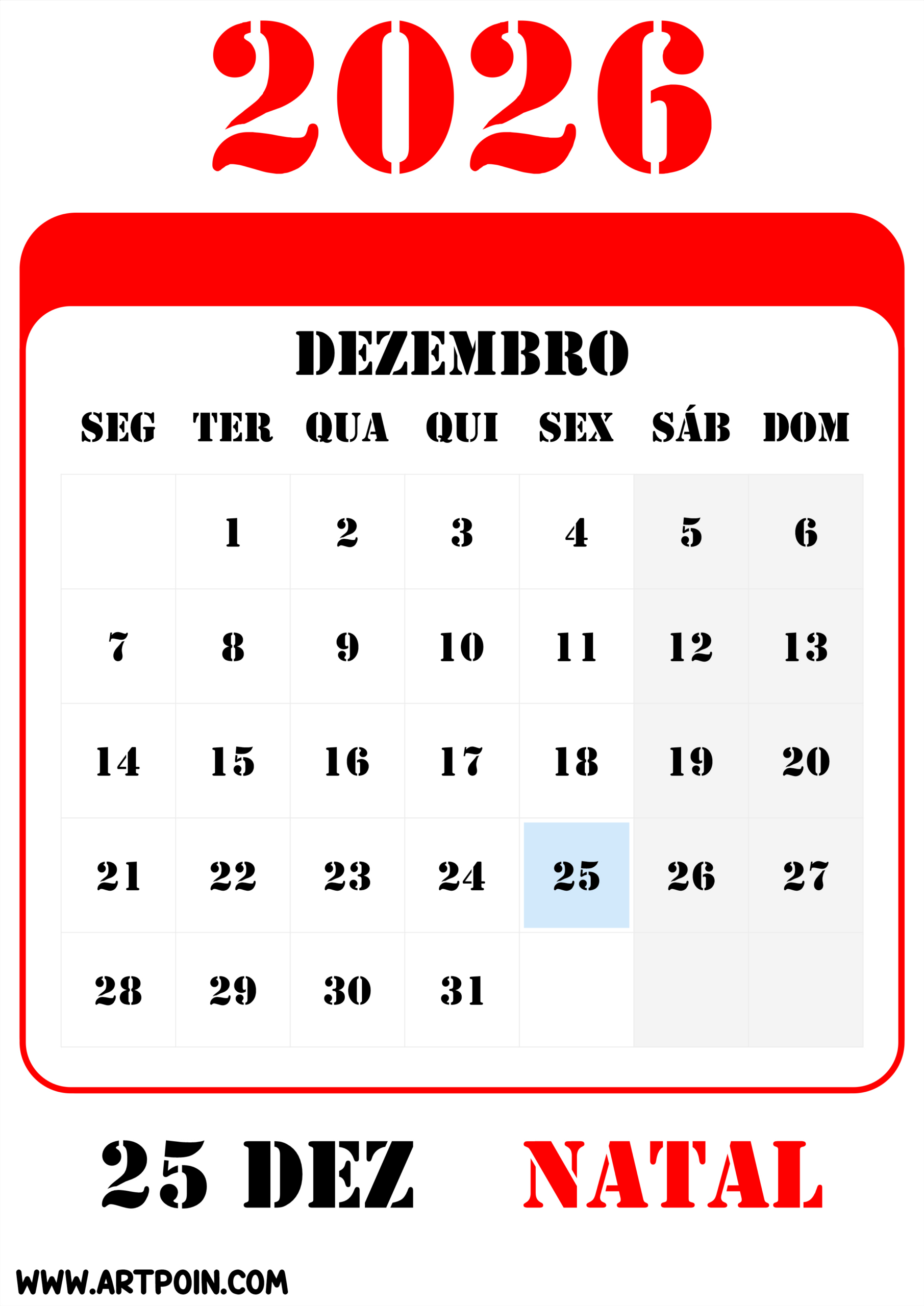 Feriados E Datas Comemorativas De Dezembro Calendário 2026 Png | Calendario dezembro de 2026