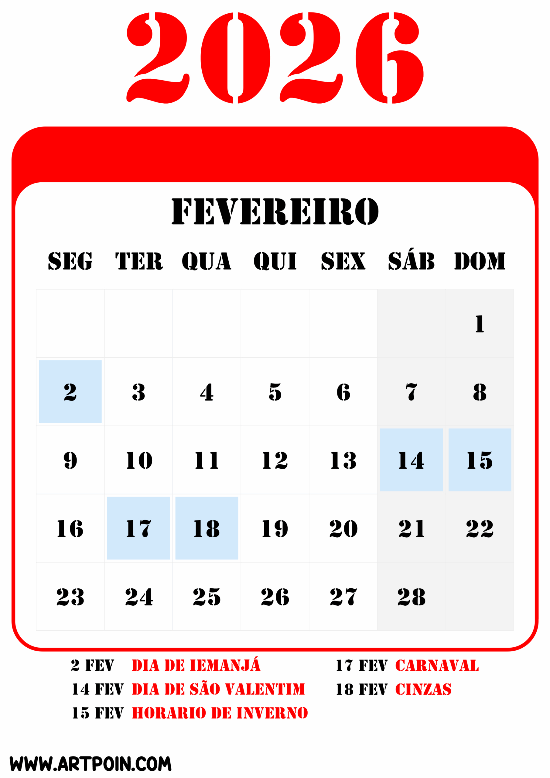 Feriados E Datas Comemorativas De Fevereiro Calendário 2026 Png | Calendario fevereiro 2026 com feriados