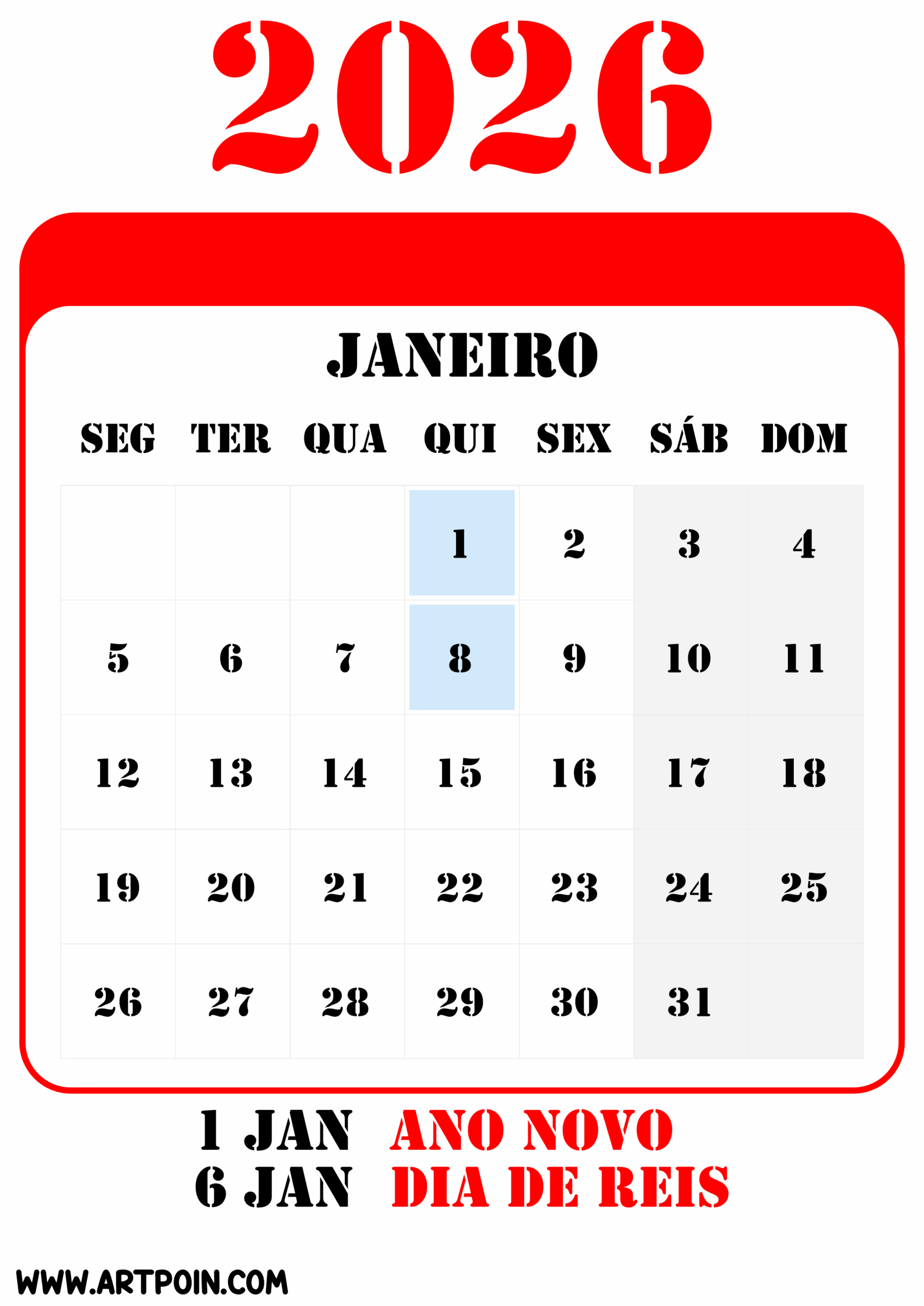 Feriados E Datas Comemorativas De Janeiro Calendário 2026 Png | Calendario janeiro 2026 com feriados