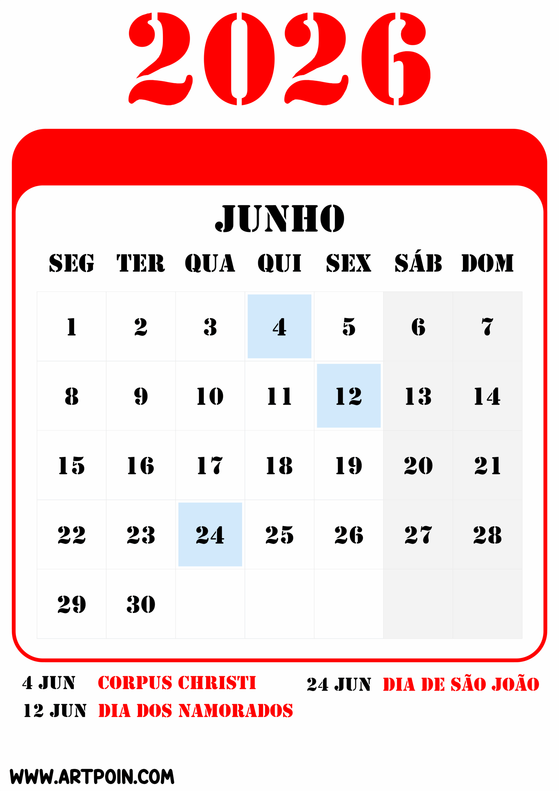 Feriados E Datas Comemorativas De Junho Calendário 2026 Png | Calendario Junho 2026 Com Feriados