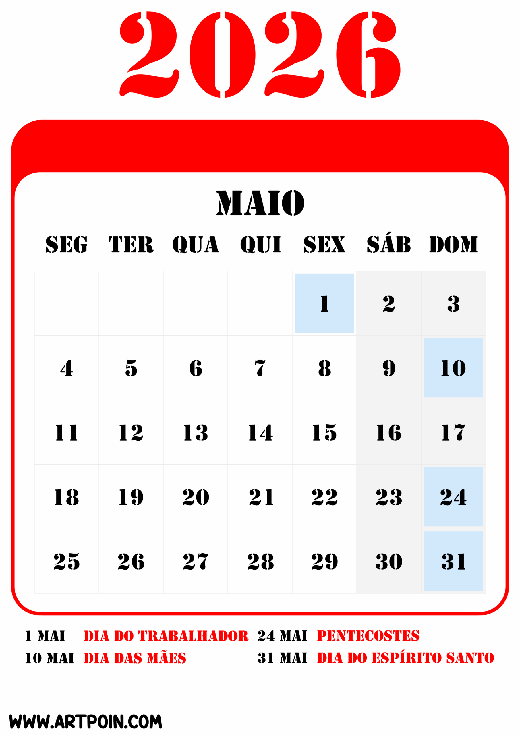 Feriados E Datas Comemorativas De Maio Calendário 2026 Png | Calendario 2026 Mes De Maio