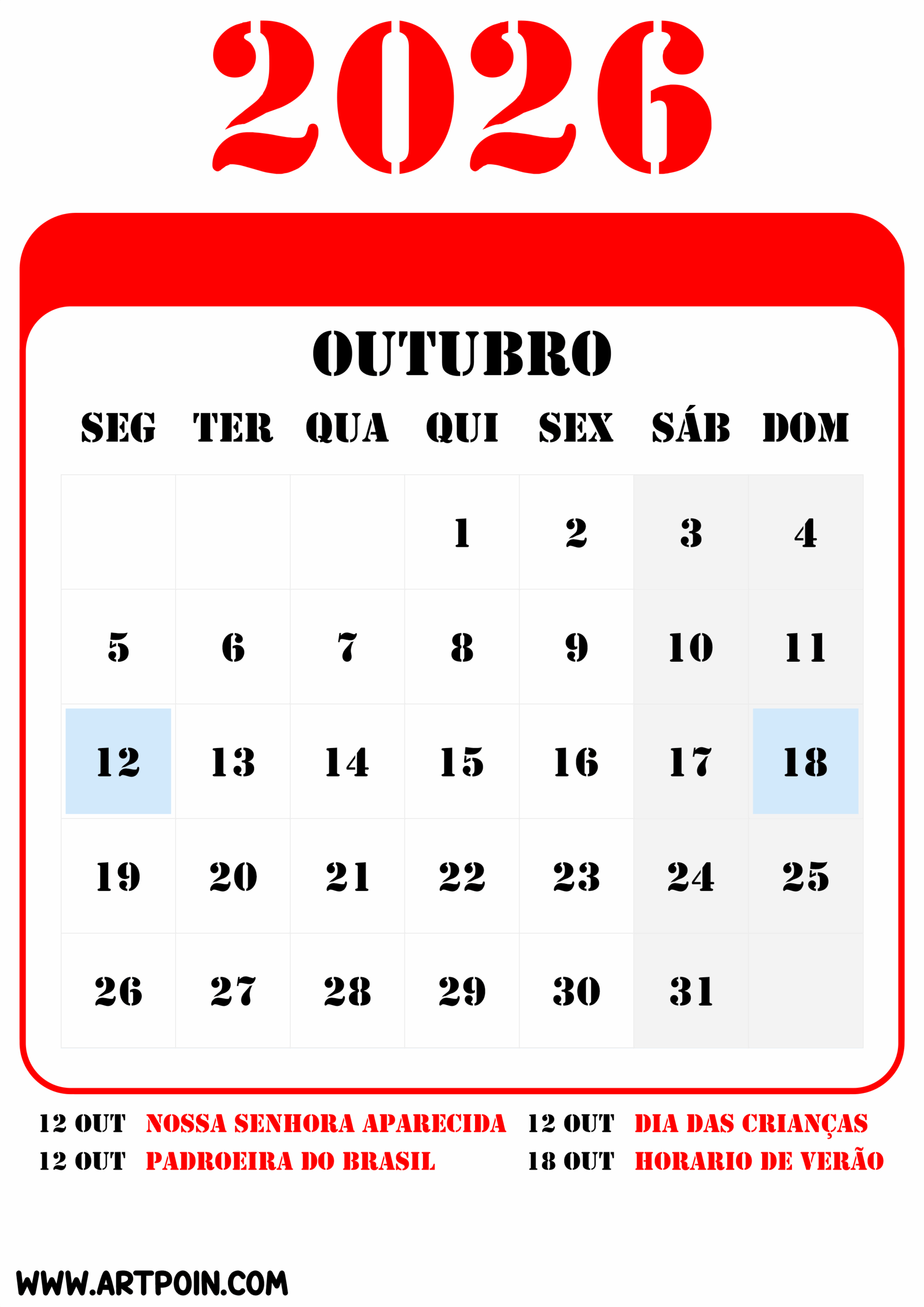 Feriados E Datas Comemorativas De Outubro Calendário 2026 Png | Calendario Outubro 2026 Com Feriados