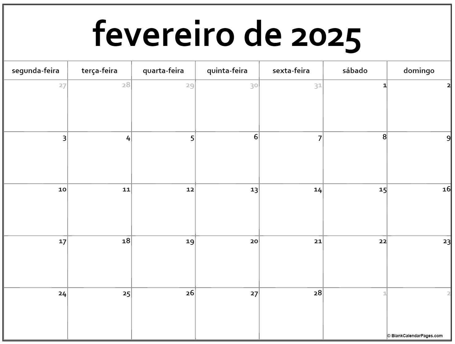 Fevereiro De 2025 Calendario Grátis Em Português | Calendario | 2025 Calendário de Fevereiro